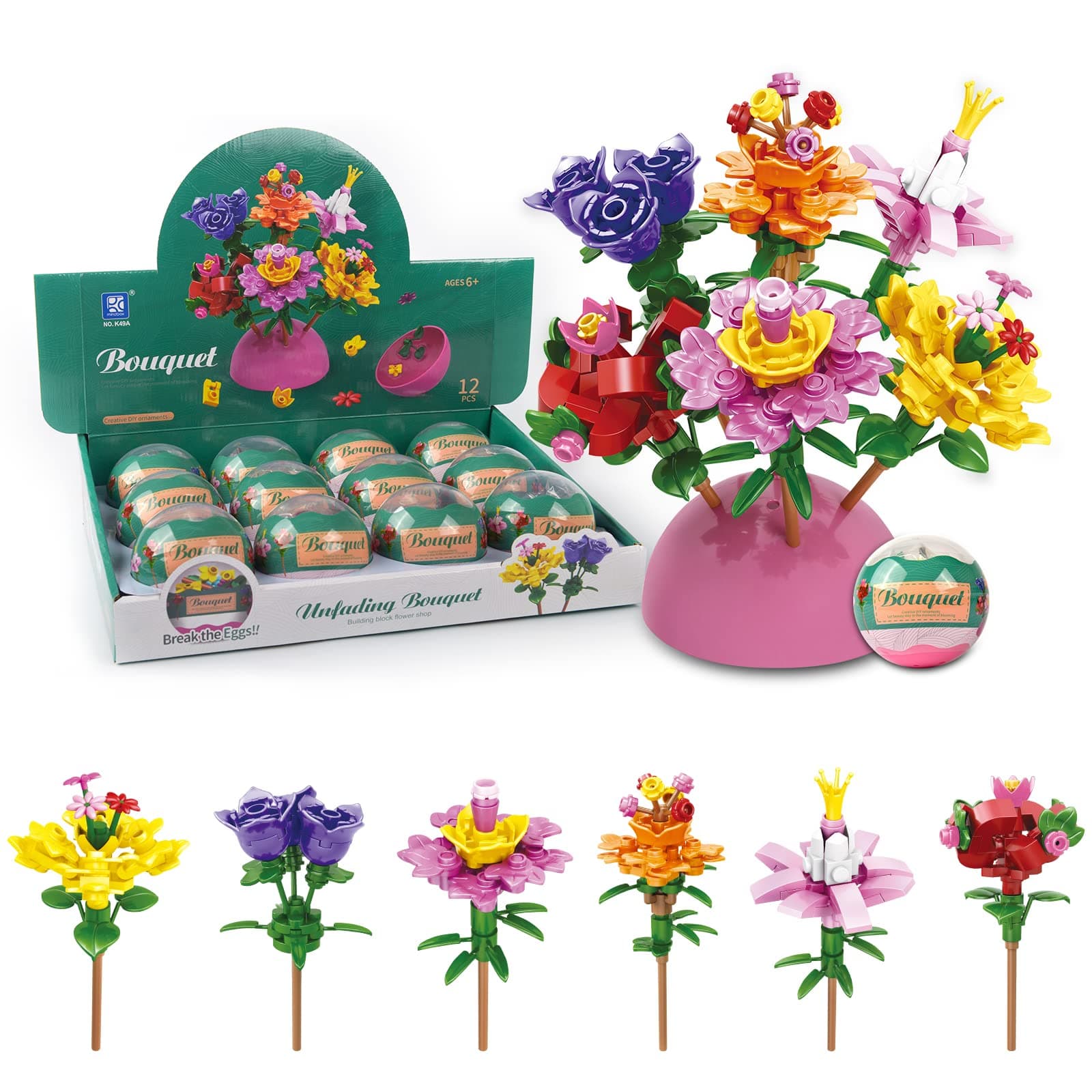 12 Pack Filled Eggs with 157 Pcs DIY Flower Garden Building Blocks for Party Favors, Easter Egg Hunt, Classroom Events - Educational Activity Toy for Girls 6+ Years Old