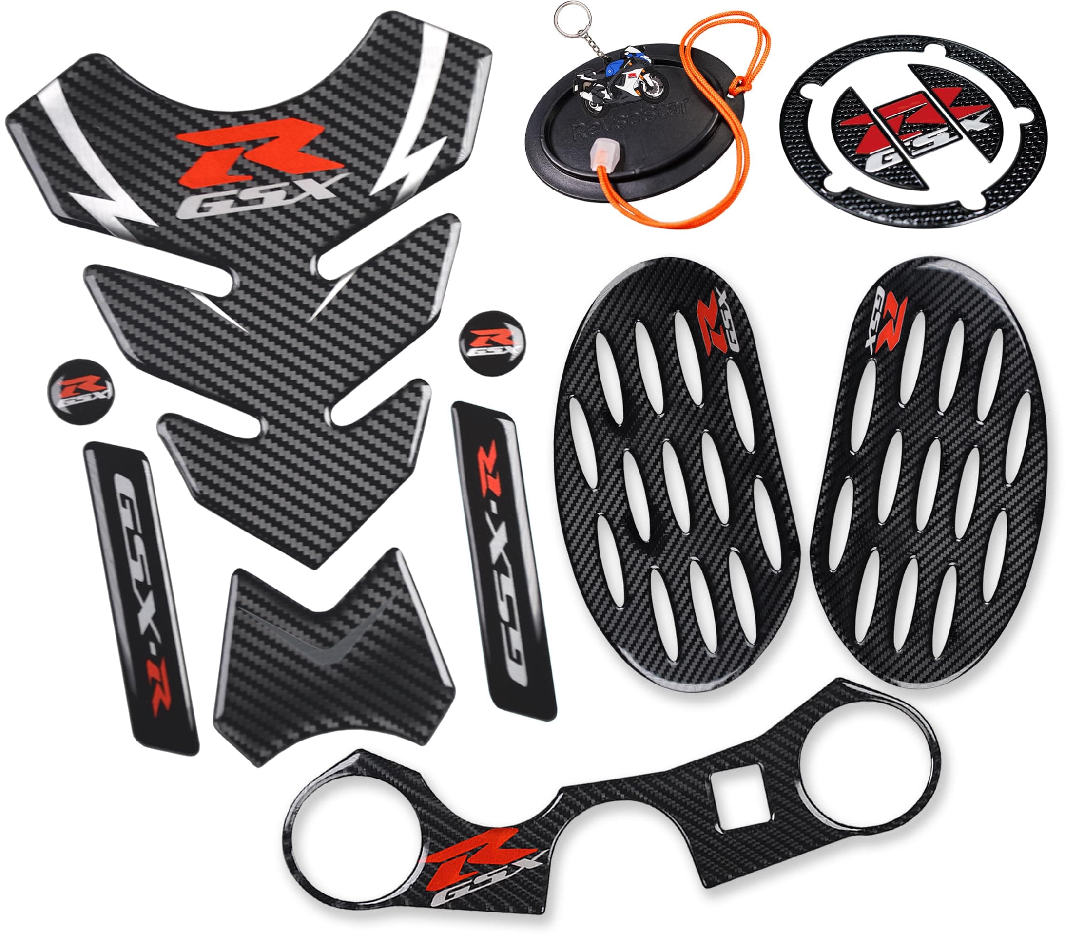 Real Carbon Look Gas Cap, Tank Pad, Triple Tree Front End Upper Top Clamp Decal Stickers,Tank Protector with Keychain for GSXR 600 GSXR 750 GSXR 1000 K6 K7 K8 K9 L1 2006-2017, 6Pcs Per Set