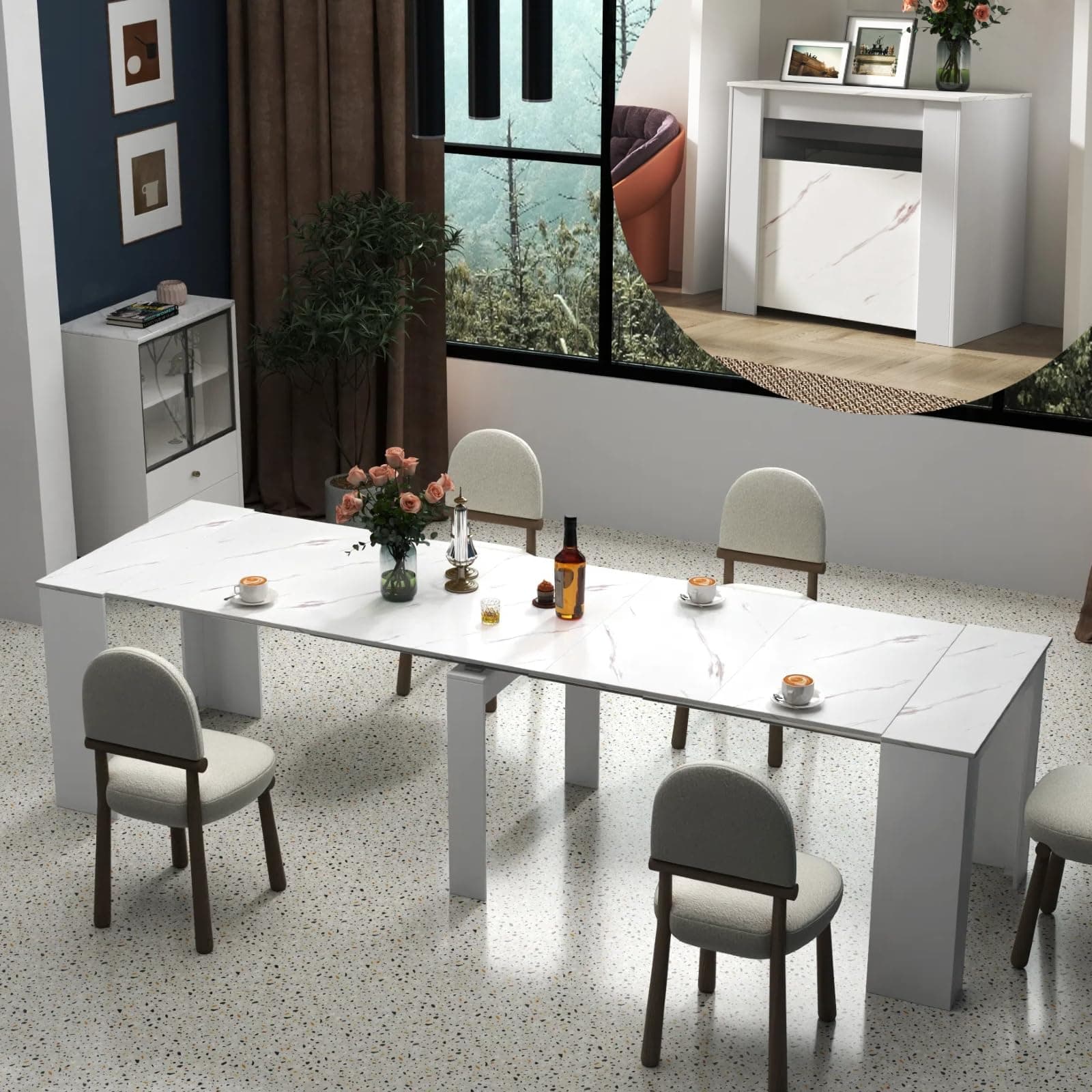 WERSMT 20"-118" Large Wooden Extendable Dining Table for 6-12 People, Hideaway Murphy Dining Table, White Marble