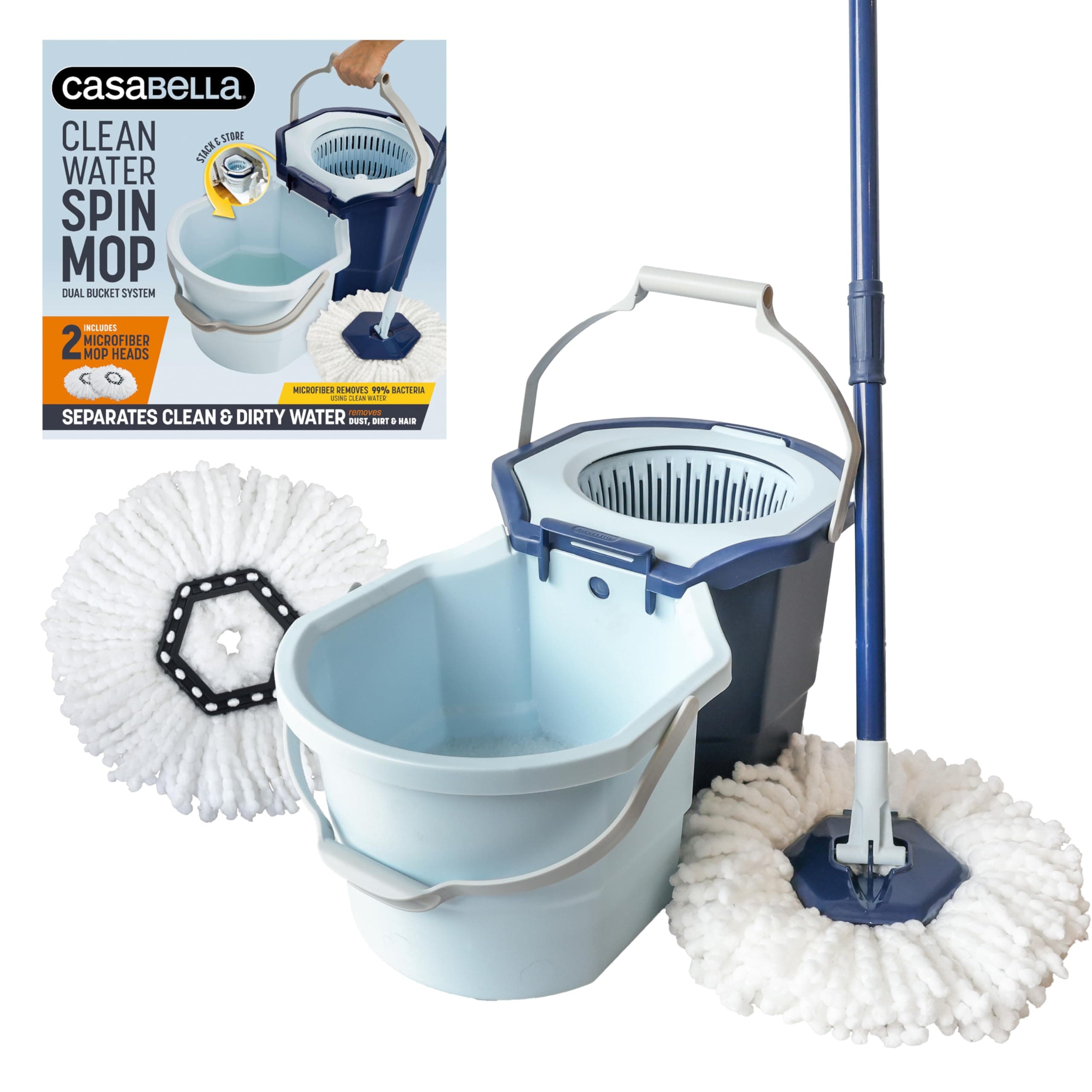 Casabella Spin Mop System with Extra Mop Head Refill - Two-Bucket Design with Splash Guard Built-in Measuring Cup and Scraper Tool with Easy Wring Pedal Spinner, 1.25-Gallon, Blue