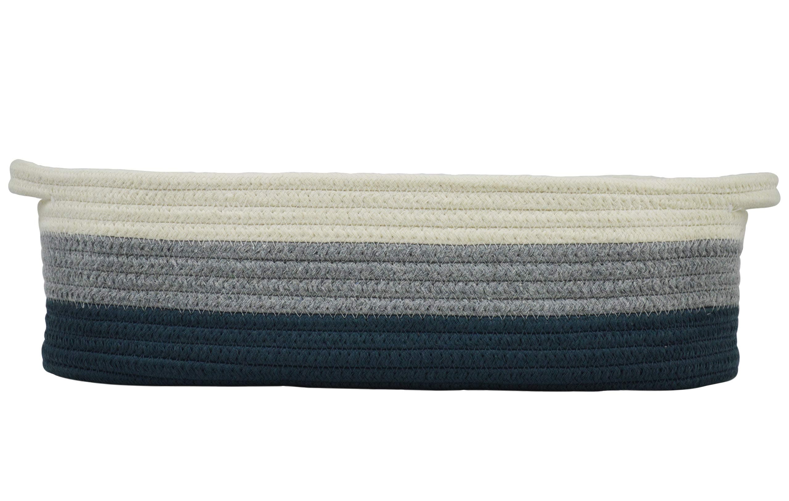 Cotton Rope Diaper Caddy Basket for Nursery Changing Table and Storage | 16” x 6” x 5” Decorative Baby or Kids Room Organizer for Diapers, Wipes, or Small Toys | Blue/Grey/Off-White