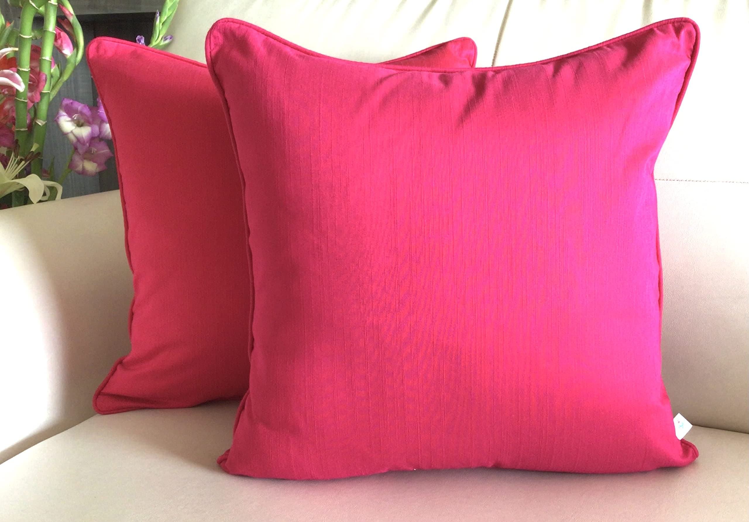 TARA- Sparkling HomesReversible Premium Solid Plain Cushion Cover 16x16 inches Set of 2 in Cotton Silk (18 x 18 Inches, Fuchsia Pink)