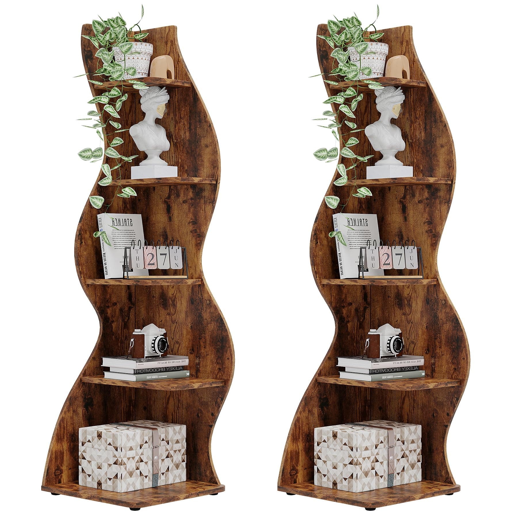 Tribesigns Corner Shelf, Rustic 5-Tier Wall Corner Bookshelf, Stylish Corner Small Bookcase Storage Rack Plant Stand with Unique Shape for Living Room, Home Office (2PCS, Brown)