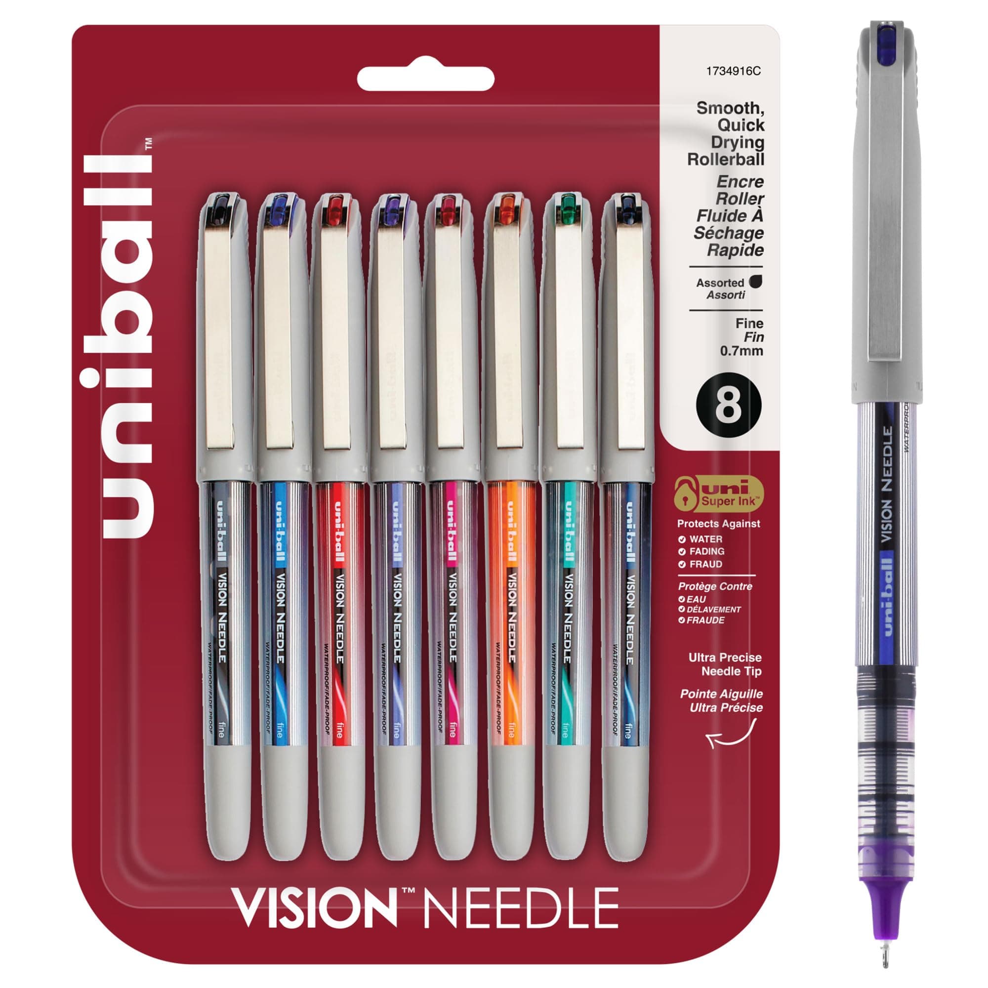 Uniball Vision Needle Rollerball Pens, Assorted Pens Pack of 8, Fine Point Pens with 0.7mm Ink, Ink Black Pen, Pens Fine Point Smooth Writing Pens, Bulk Pens, and Office Supplies