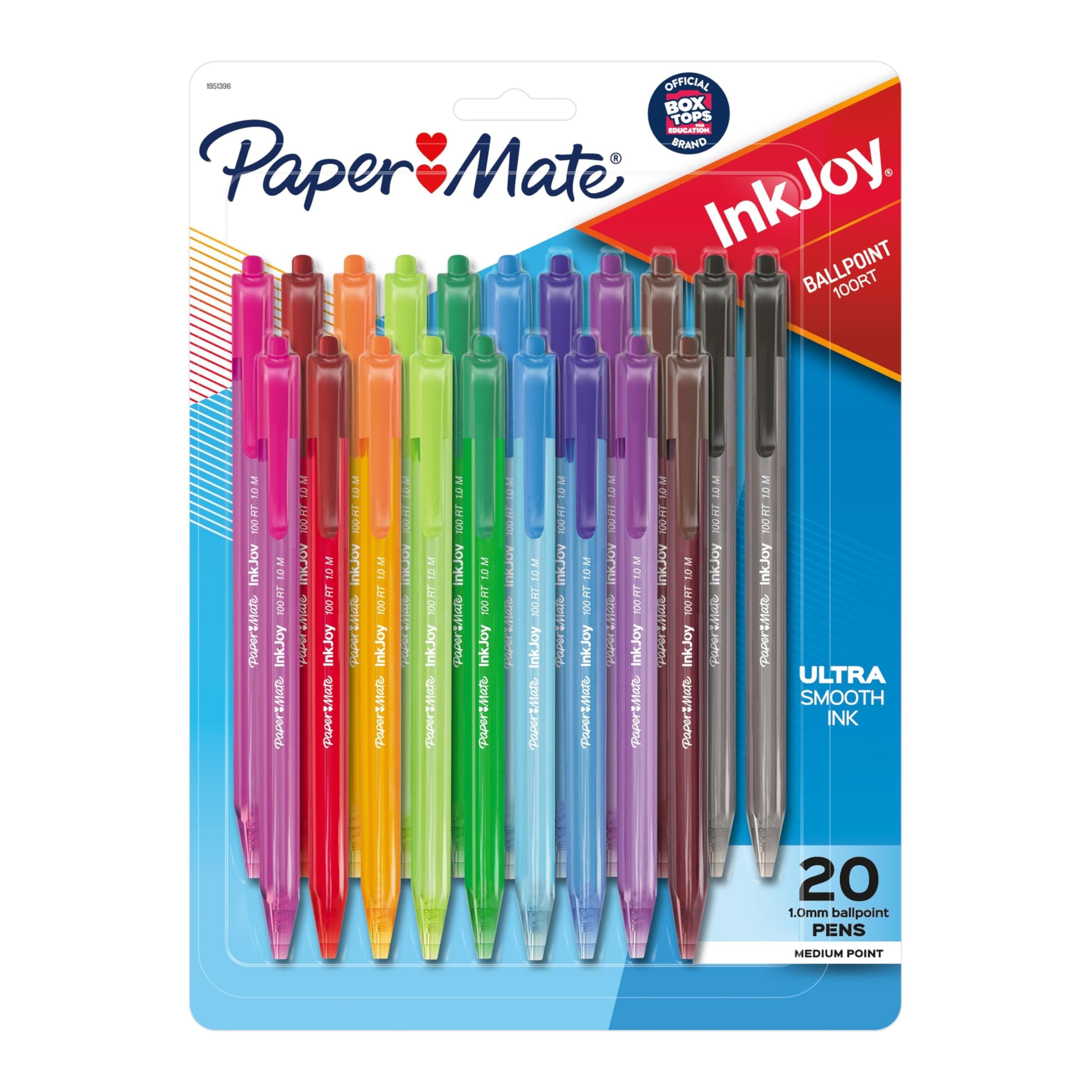 Paper Mate InkJoy 100RT Retractable Ballpoint Pens, Medium Point (1.0mm), Assorted Colors, 20 Count - Teacher Essentials, Colorful Office Supplies, Note-Taking, Back to School