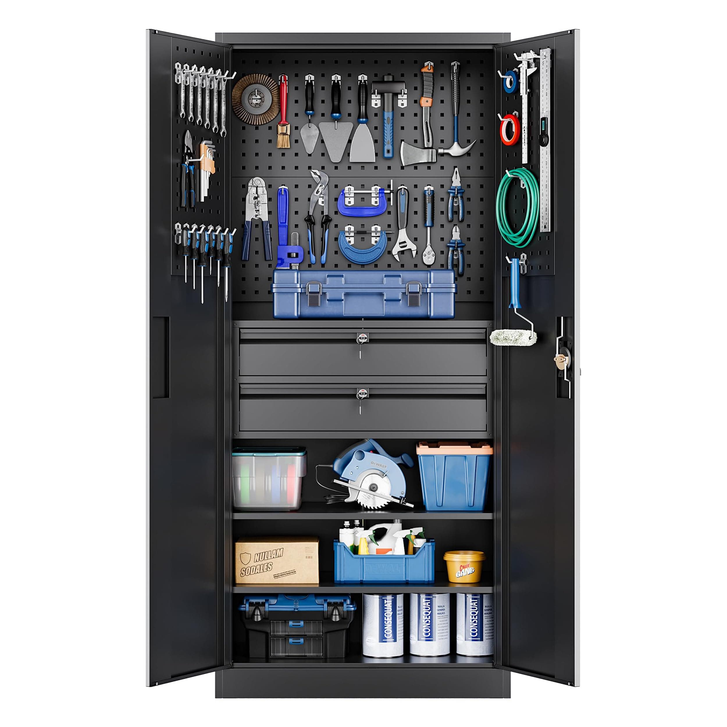Yizosh Metal Garage Storage Cabinet with Locking Doors and 2 Drawers, Heavy Duty Steel Tool Cabinet with Pegboard, 71" - Lockable Cabinets for Garage, Warehouse, Basement (Black)