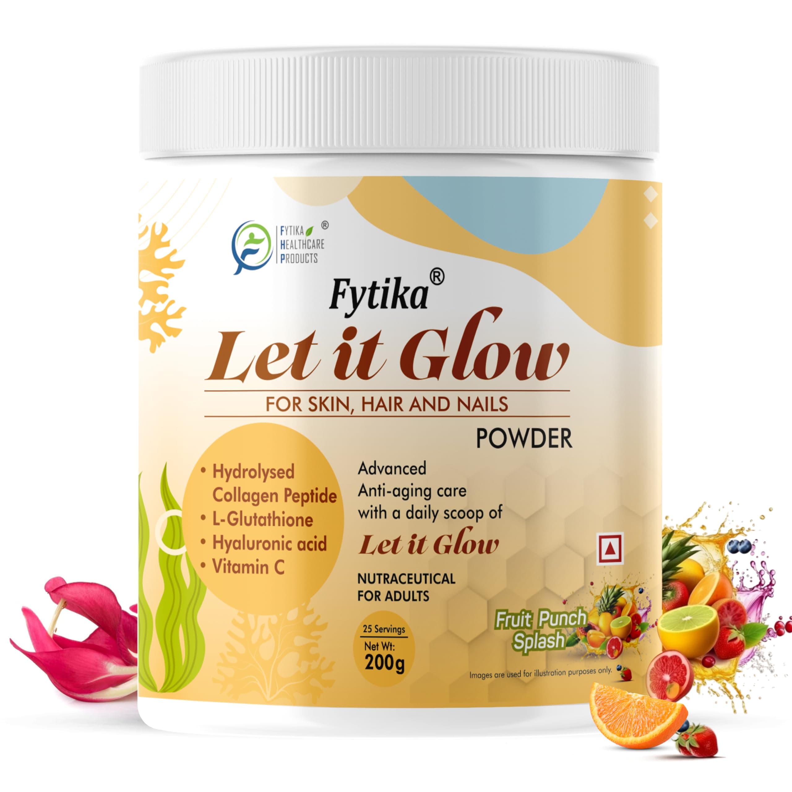 Let It Glow 200G (Fruit Punch Splash, Pack of 1) Marine Collagen Supplement for Men & Women|L- Glutathione, Vitamin C, Sesbania Agati Extract|Promotes Healthy Skin, Hairs and Nails
