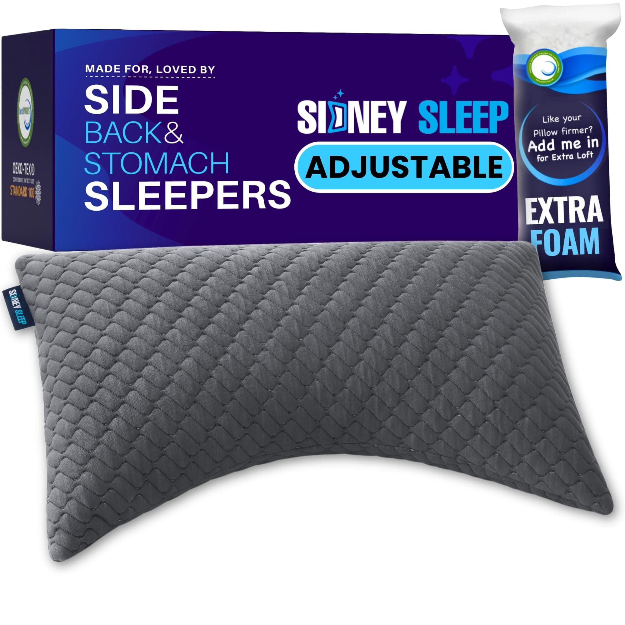 Sidney Sleep Bed Pillow for Side and Back Sleepers - Queen Size - Adjustable Filling - Memory Foam Pillow for Neck and Shoulder Support - Customizable Loft - Additional Foam Bag Included (Grey)