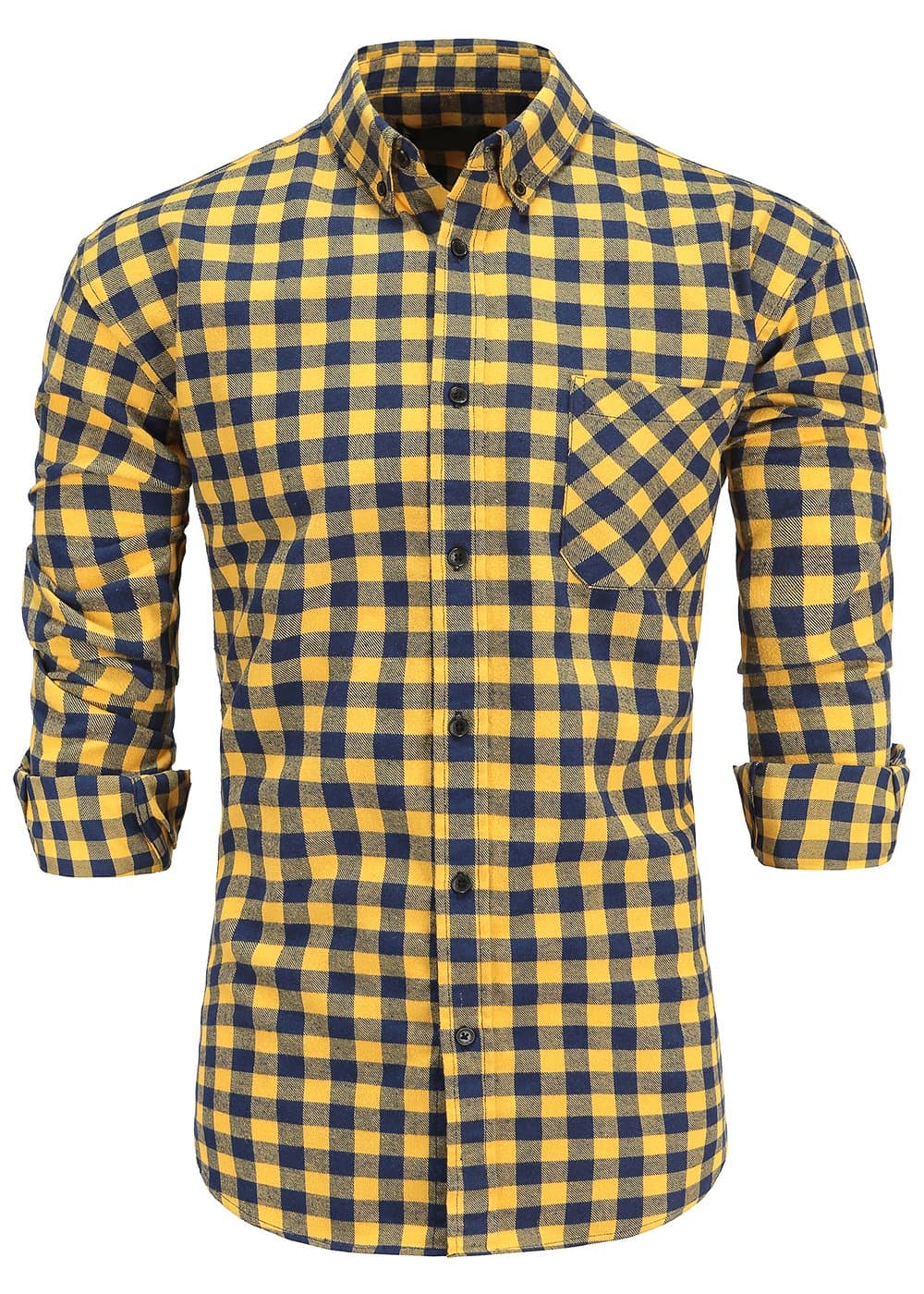 KateSui Men's Slim-Fit Long-Sleeve Button-Down Flannel Plaid Shirt Large Navy Yellow