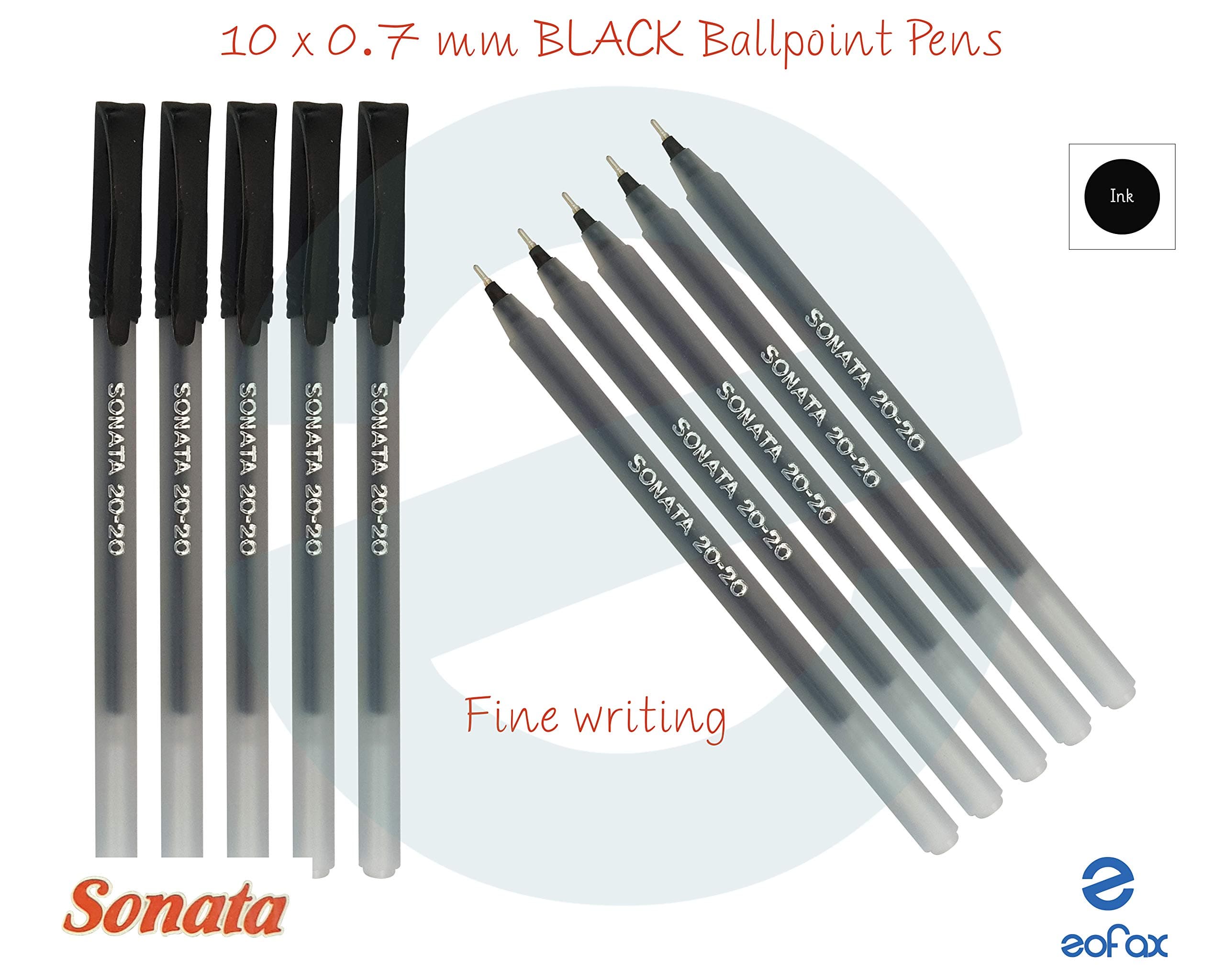 SONATA10 x 0.7mm Fine Smooth Tip 20-20 BLACK Ballpoint Pens Office School Home