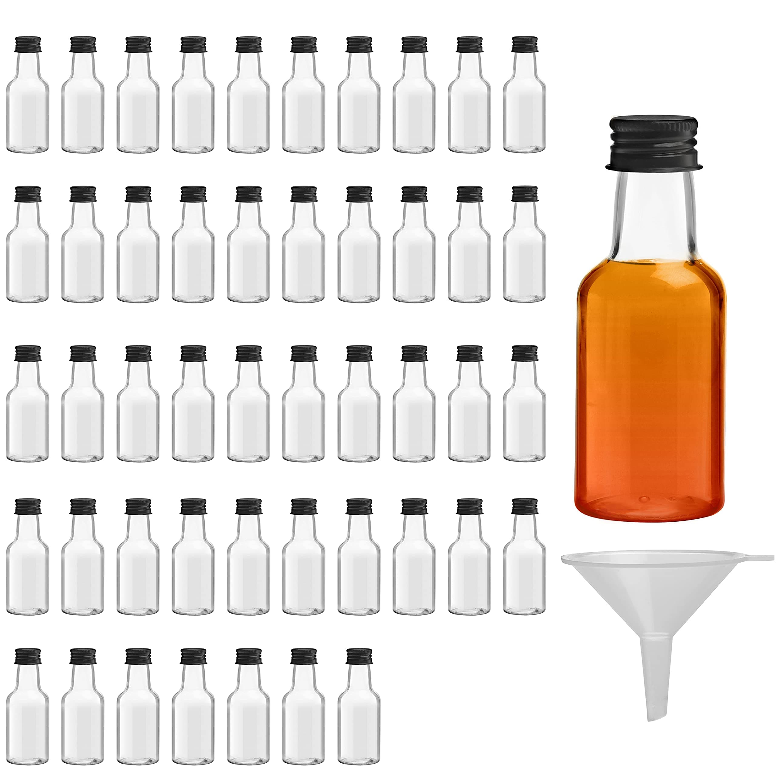Mini Liquor Bottles (48 Pack) - Reusable Plastic 25ml (0.85 fl oz) Empty Spirit Bottle with Black Screw Cap, Liquid Funnel for Easy Pouring, Filling - Miniature Bottles - Weddings & Parties
