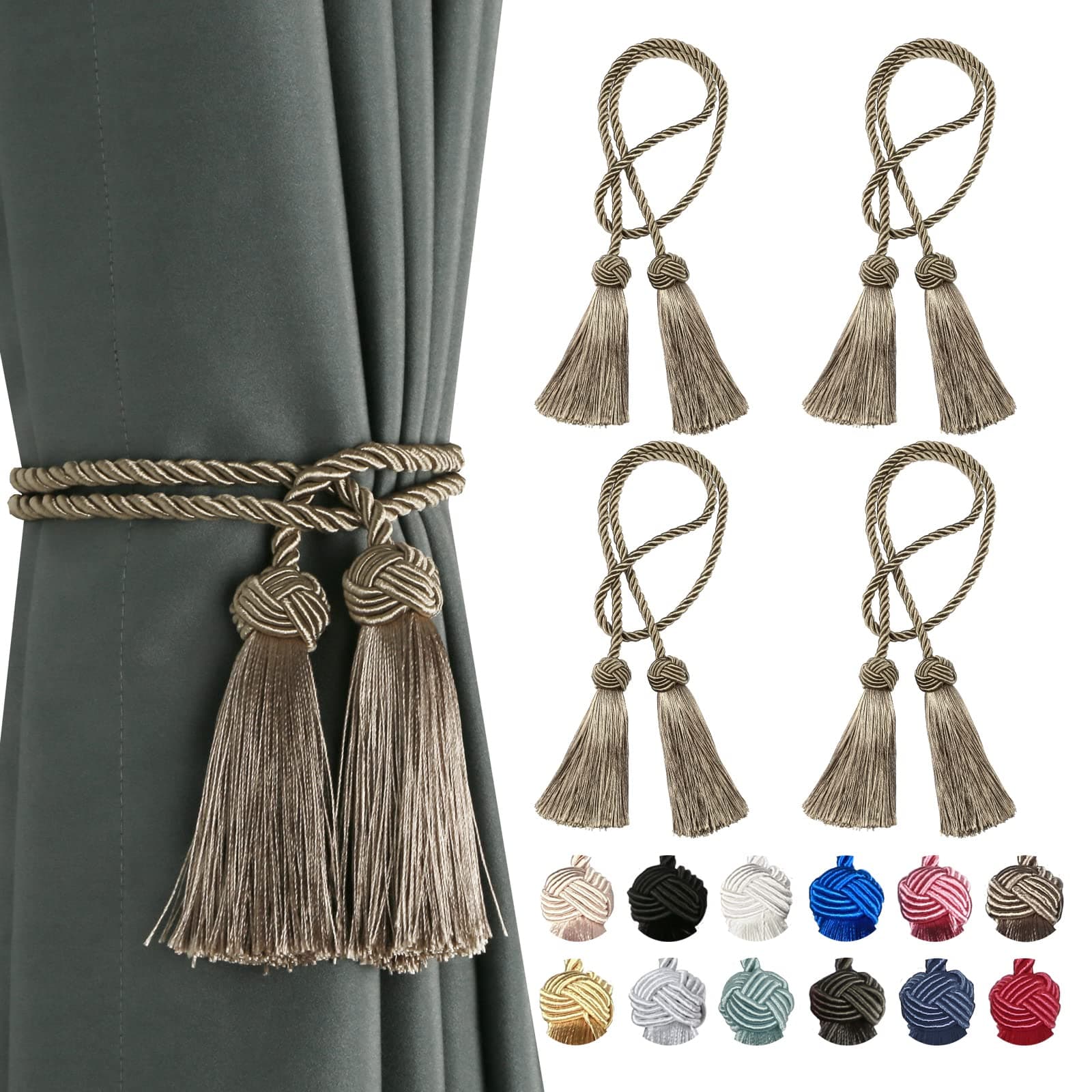 BEL AVENIR 4 Pack Curtain Tiebacks Handmade Decorative Curtain Holdbacks Rope with Tassel- Brown