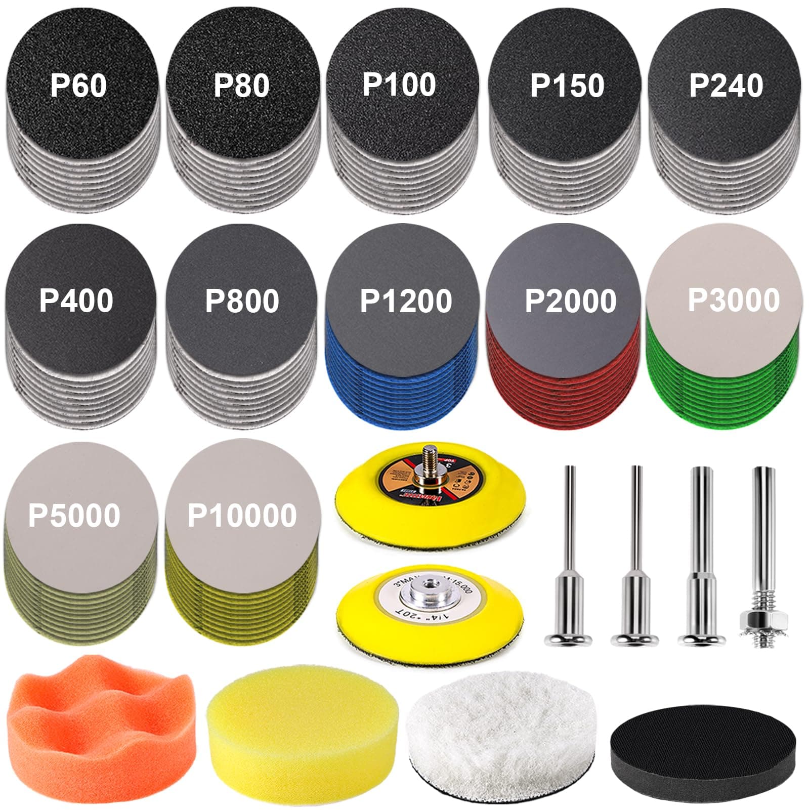 130 Pieces 3 Inch Sanding Disc, GOH DODD Headlight Restoration Kit Hook and Loop Sanding Pads 60 to 10000 Grit Wet Dry Sandpaper with 1/8" 1/4” Shank, Backer Plate, Polishing Pads and Interface Pad