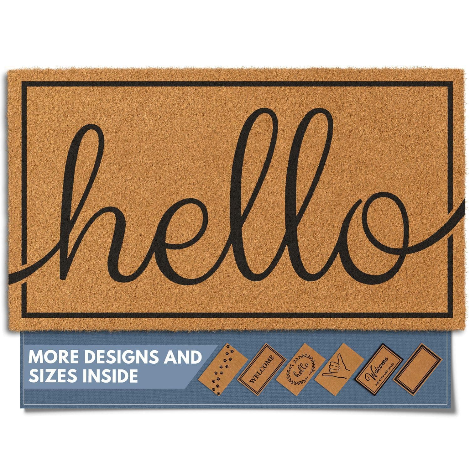 Natural Coco Coir Heavy Duty Backing Doormat - Large Cute Non-Slip Front Door Welcome Mat for Outside Entrance or Porch Entry, Brown (17x30, Hello)