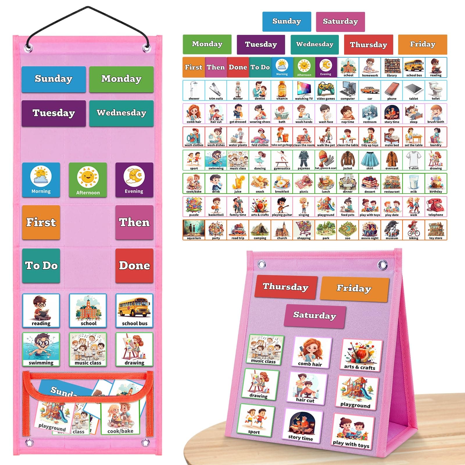 PITCOTT Visual Schedule for Kids Chore Chart,3 in 1 Daily Schedule Board Routine Pocket Chart Cards for Toddlers,Autism Learning Materials Tool Wall Planner for Home School with 103 Cards (Pink)