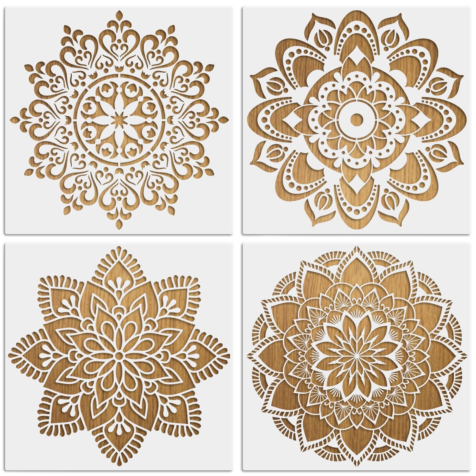 4Pcs Large Mandala Art Stencils Kit, Reusable DIY Drawing Painting Template for Wood Wall Art Designs, Flowers Dotting Scale Stencils for Painting on Tile Furniture Floor Decor(30x30CM)