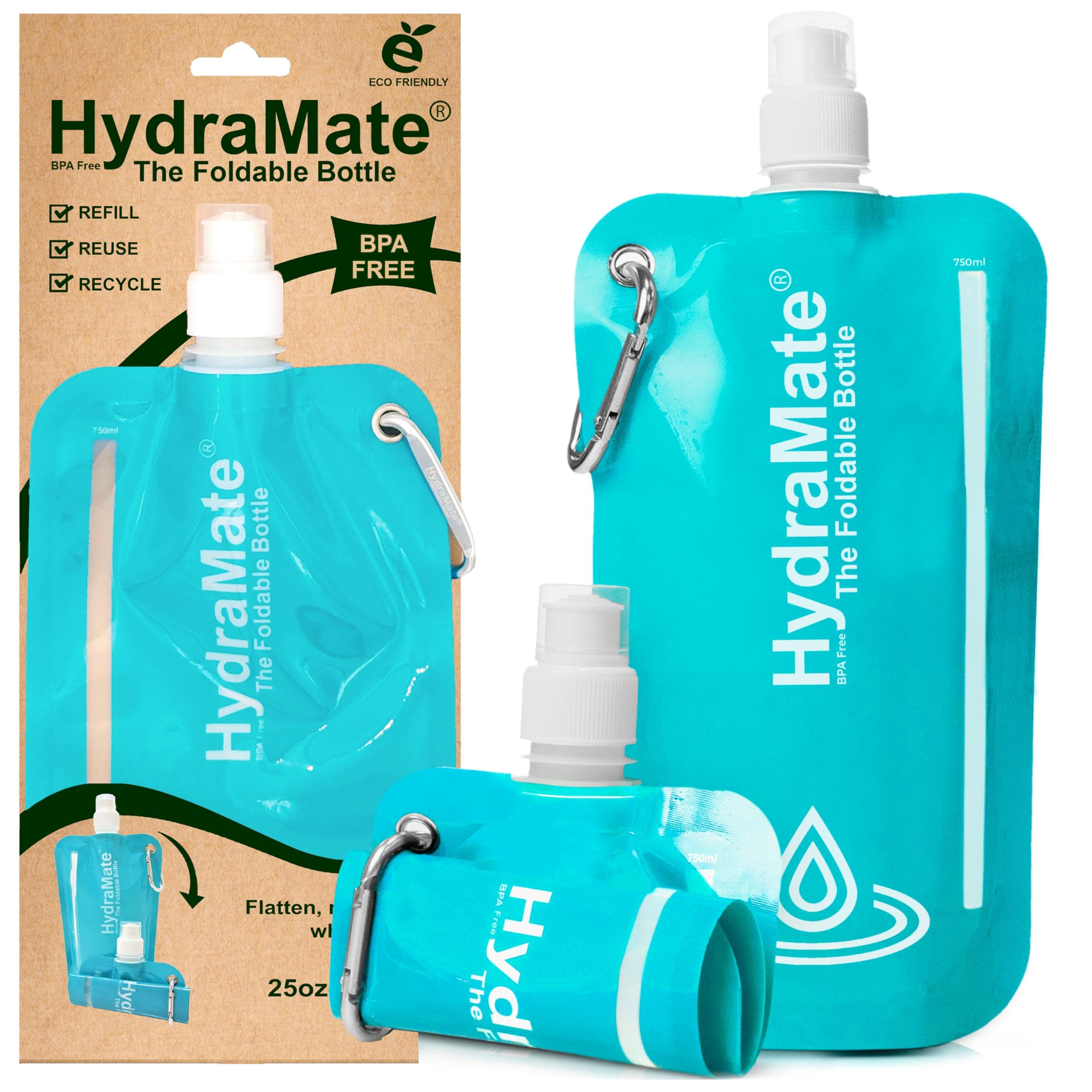 HydraMate Collapsible Water Bottle - 750ml, BPA Free. Lightweight, Foldable, Roll Up, Squeezable Pouch, Carabiner Clip - Perfect for Travel, Festivals, Hiking, Camping. Aqua
