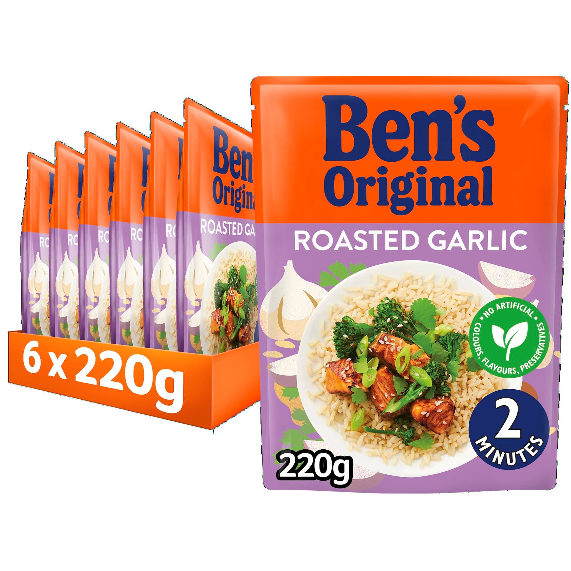 BEN'S ORIGINAL Roasted Garlic Microwave Rice, Bulk Multipack 6 x 220g pouches