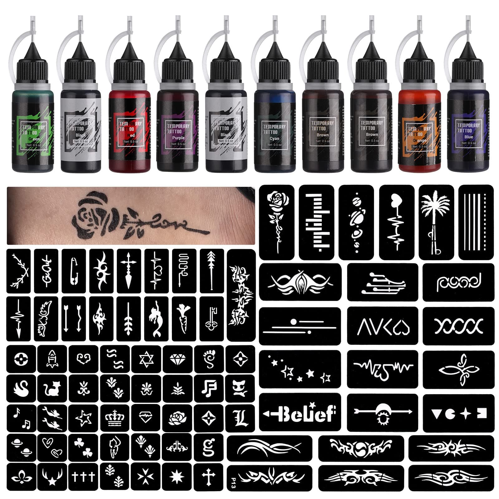 Temporary Tattoo Kit 10 Bottles Color Inks, 84 Pcs Stencils Kit for Body Paint DIY Tattoos Temp, DIY Fake Tattoo for Women Kids (Black*2, Cyan, Red, Green, Blue, Purple, Brown*2, Orange)
