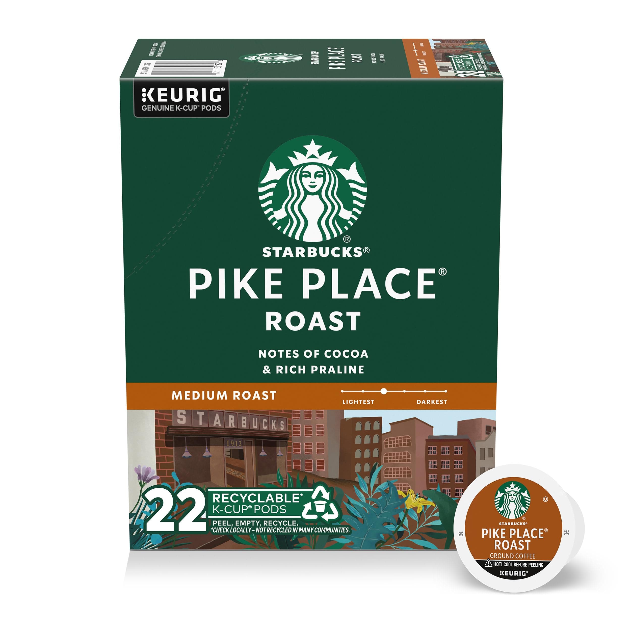 K-Cup Coffee Pods, Medium Roast Coffee, Pike Place Roast For Keurig Brewers, 100% Arabica, 1 Box (22 Pods)