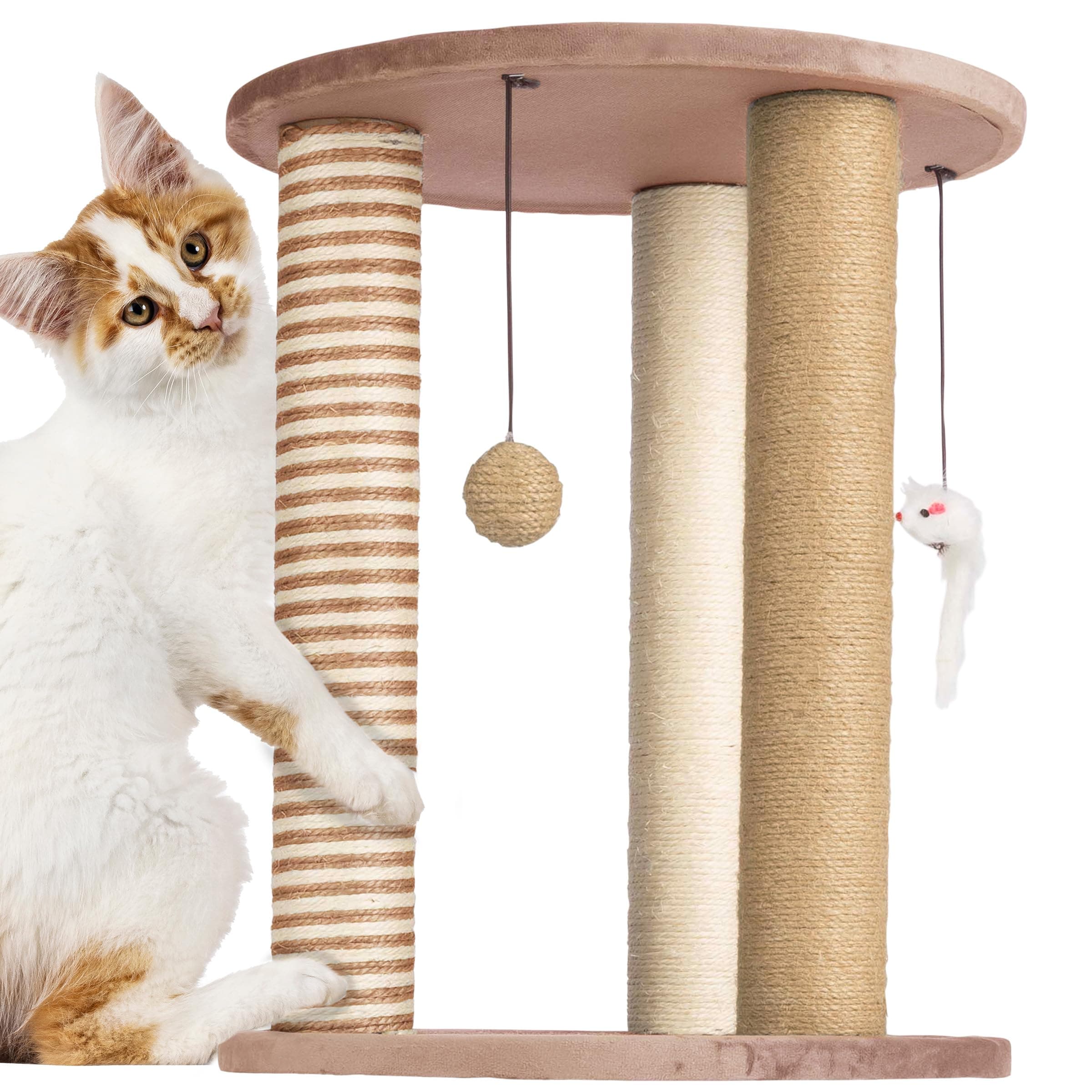 Petmaker Cat Scratching Post - 3 Scratcher Posts with Carpeted Base Play Area and Perch - Furniture Scratching Deterrent for Indoor Cats (Brown), Large