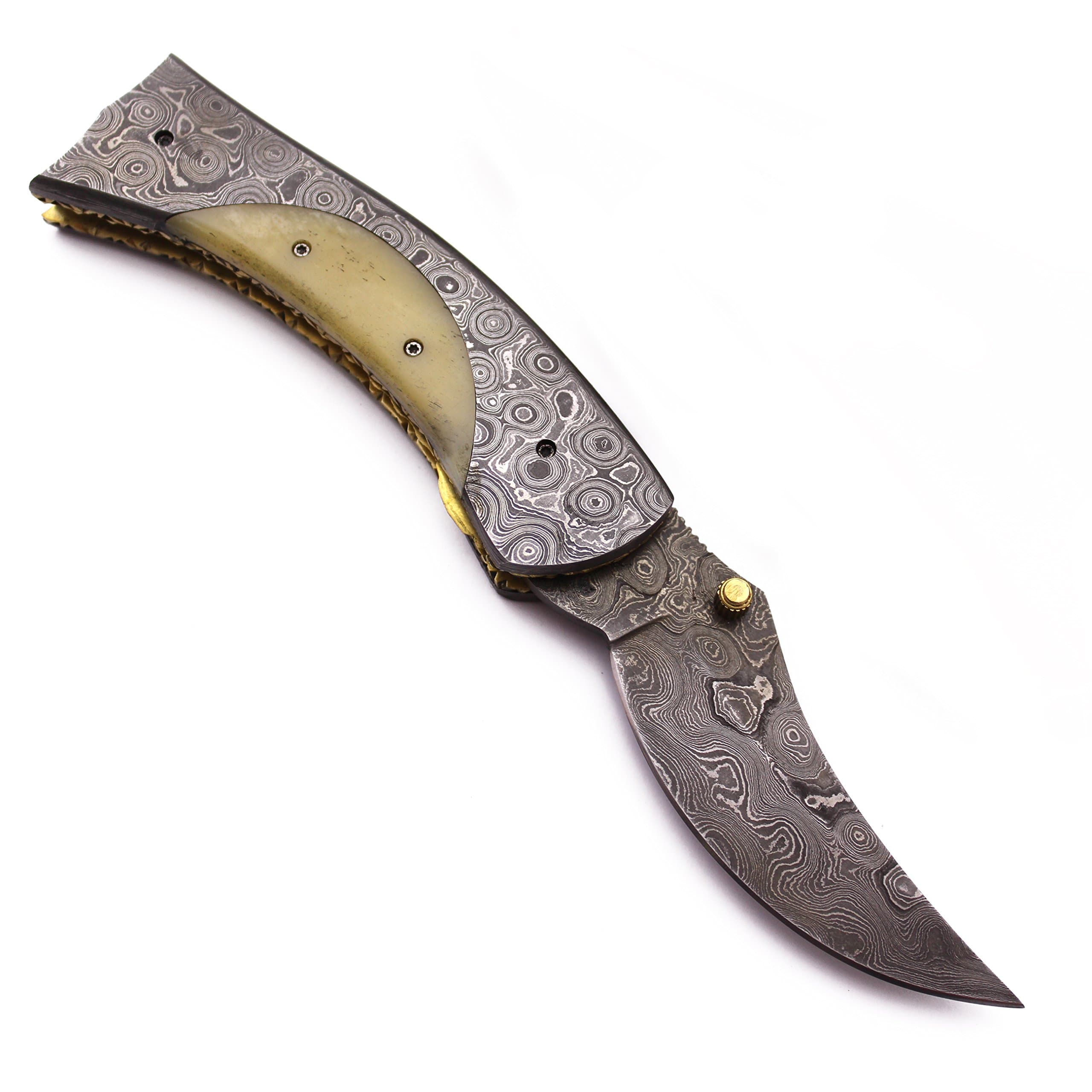 WolfKlinge DCF17-30 ハンドメイドダマスカス鋼折りたたみポケットナイフ キャメルボーン 牛革鞘付き