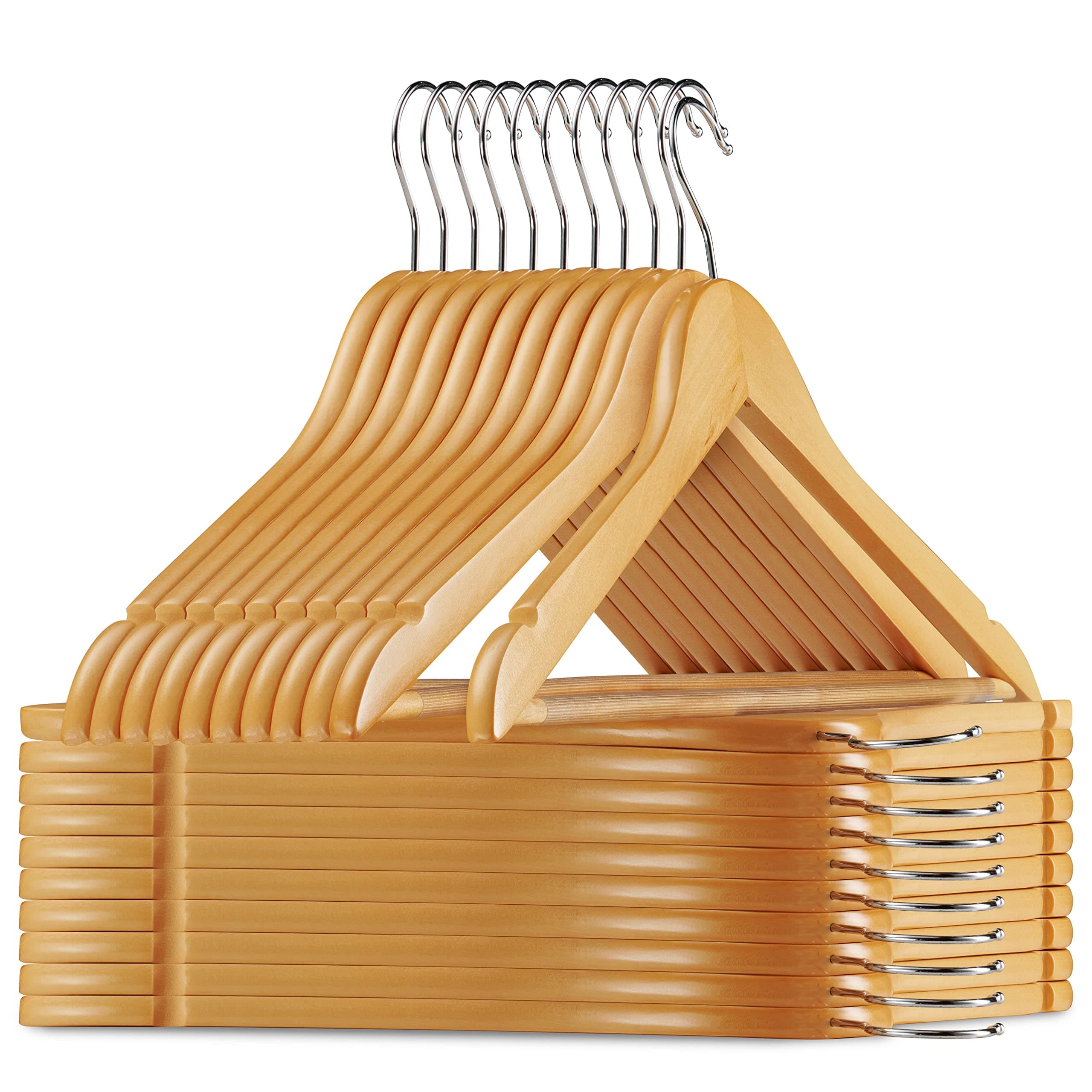 MELDEVO Solid Wood Suit Hangers - 20 Pack - with Non Slip Bar and Precisely Cut Notches - 360 Degree Swivel Chrome Hook - Natural Finish Super Sturdy and Durable Wooden Hangers
