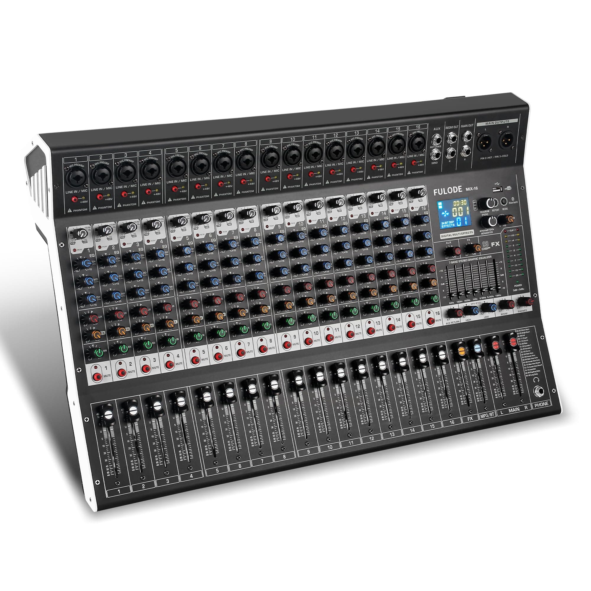 16-Channel Audio Mixer with 99 DSP, Professional Audio Console Digital Sound Music Mixing Board DJ Mixer w/USB Input Bluetooth MP3 48V Power Supply Mute Function for Studio Live Performance