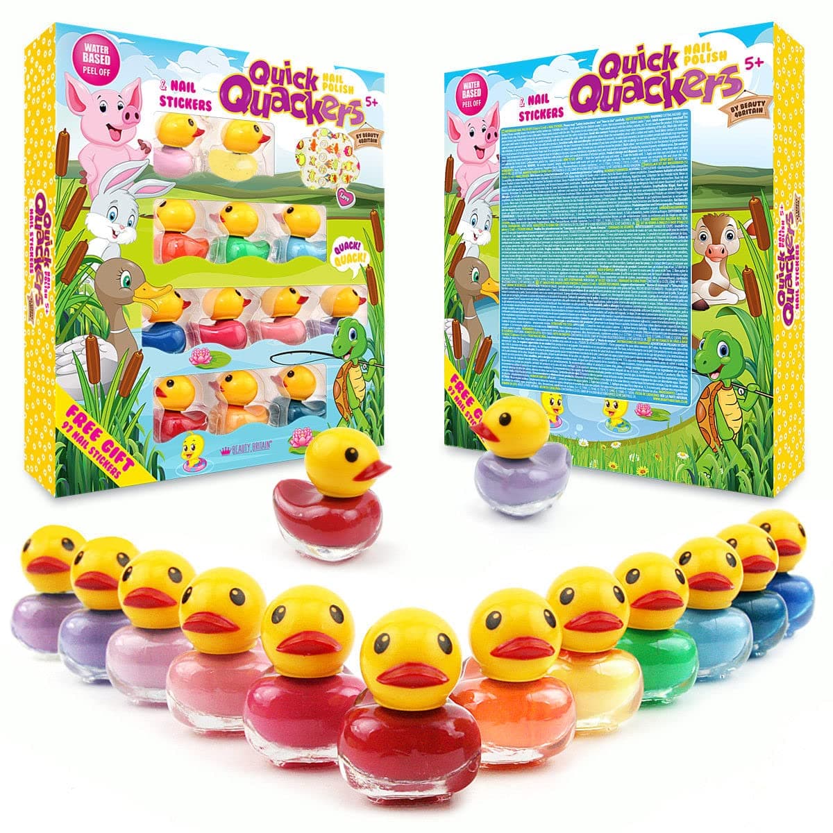 Non-Toxic Peel-Off Water-Based Natural Safe Quick Dry Nail Polish 12 Duck Nail Polish Set & Nail Stickers 12 Colours Water Based Peel Off