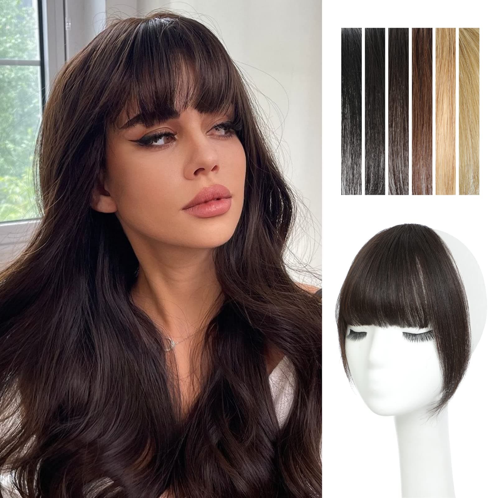 Bangs Hair Clip in Bangs 100% Human Hair Extensions Wispy Bangs French Bangs Fringe with Temples Hairpieces for Women Clip on Air Bangs Curved Bangs for Daily Wear(French Bangs,Dark Brown)