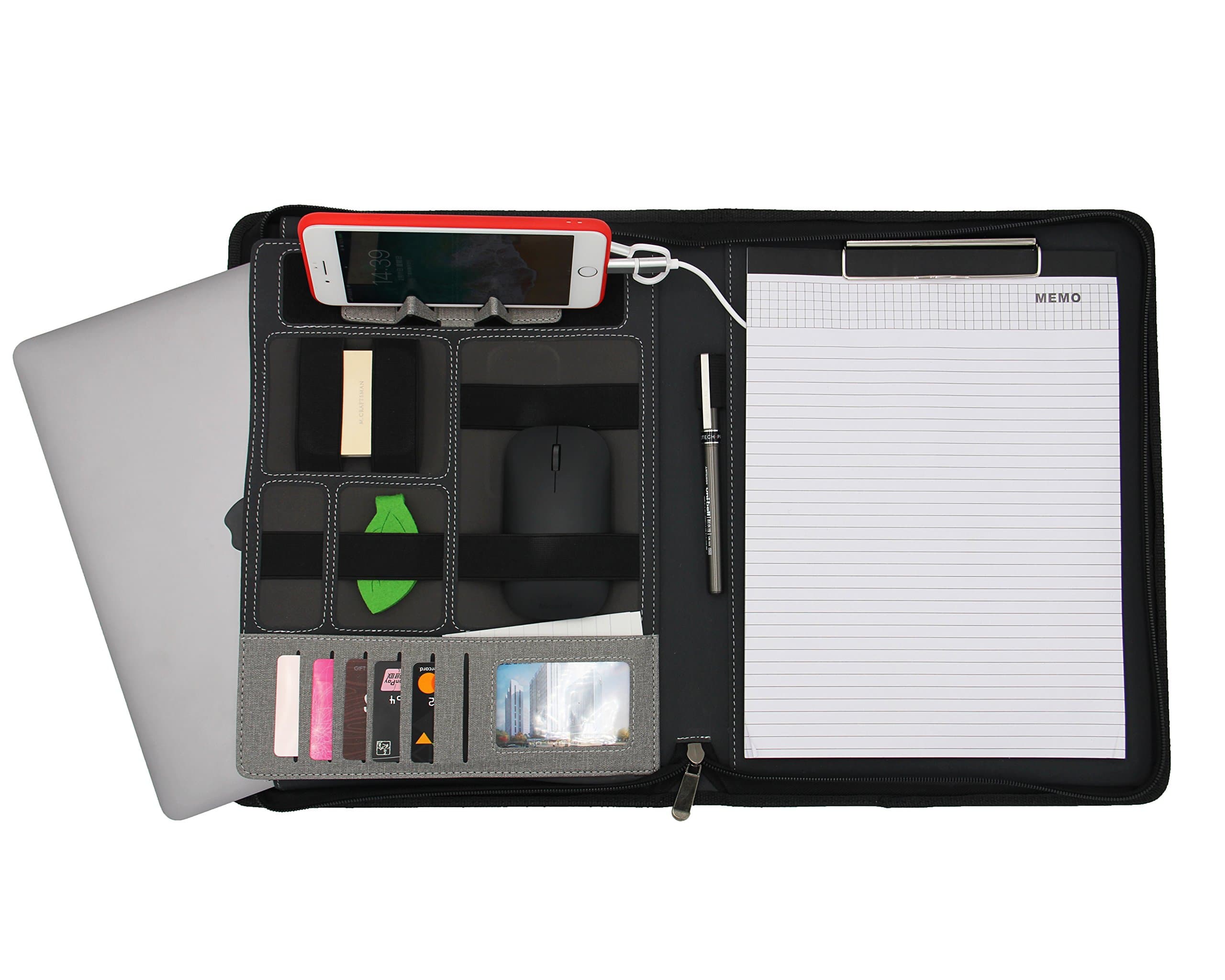 Executive Padfolio Resume Portfolio Folder Document Organizer with Portable Charger Letter Size Clipboard,Zippered, Faux Leather,Gray