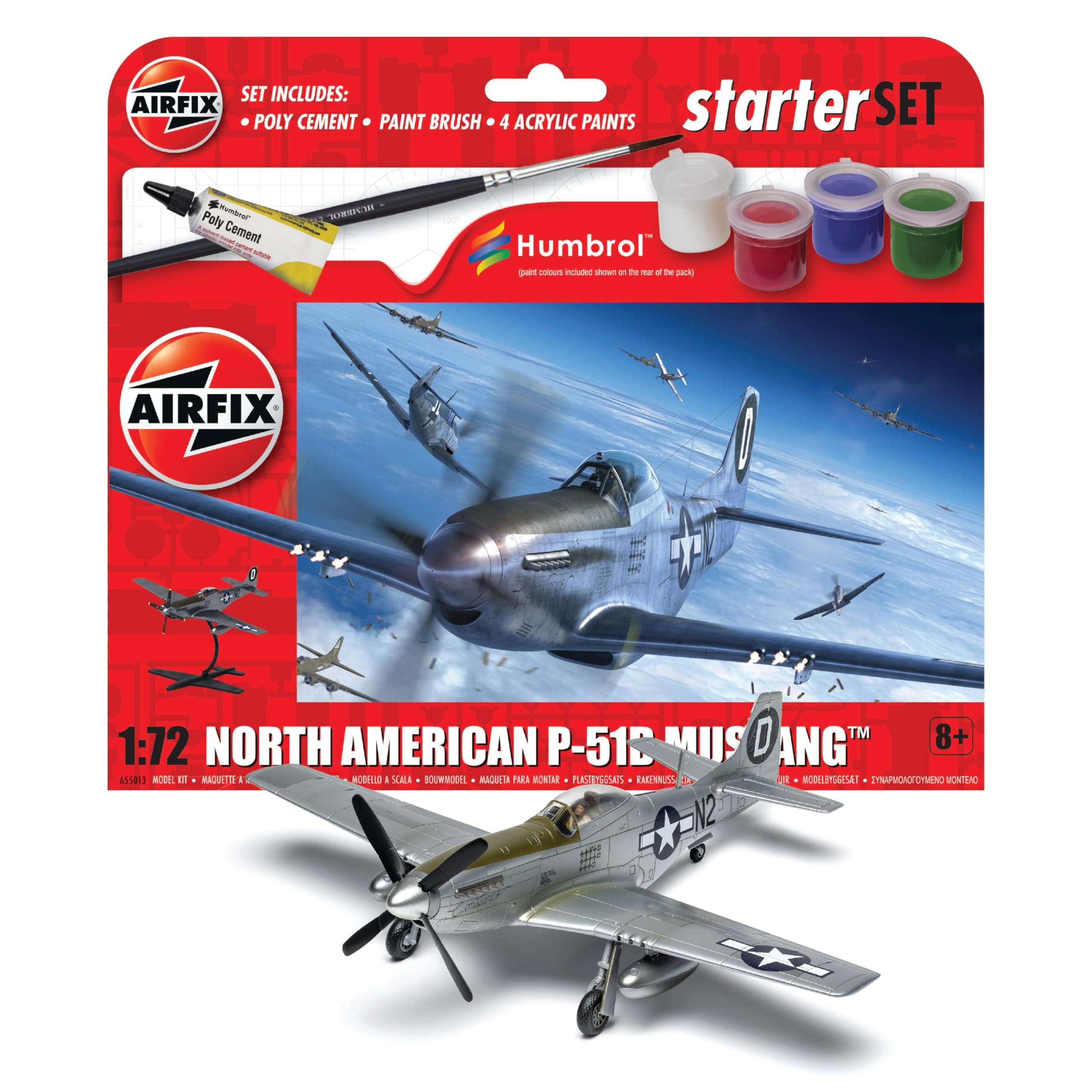 Starter Set - A55013 North American P-51D Mustang Model Building Kit - Plastic Model Plane Kits for Adults & Children 8+, Set Includes Sprues, Decals, Paints, Brush & Glue - 1:72 Scale Model