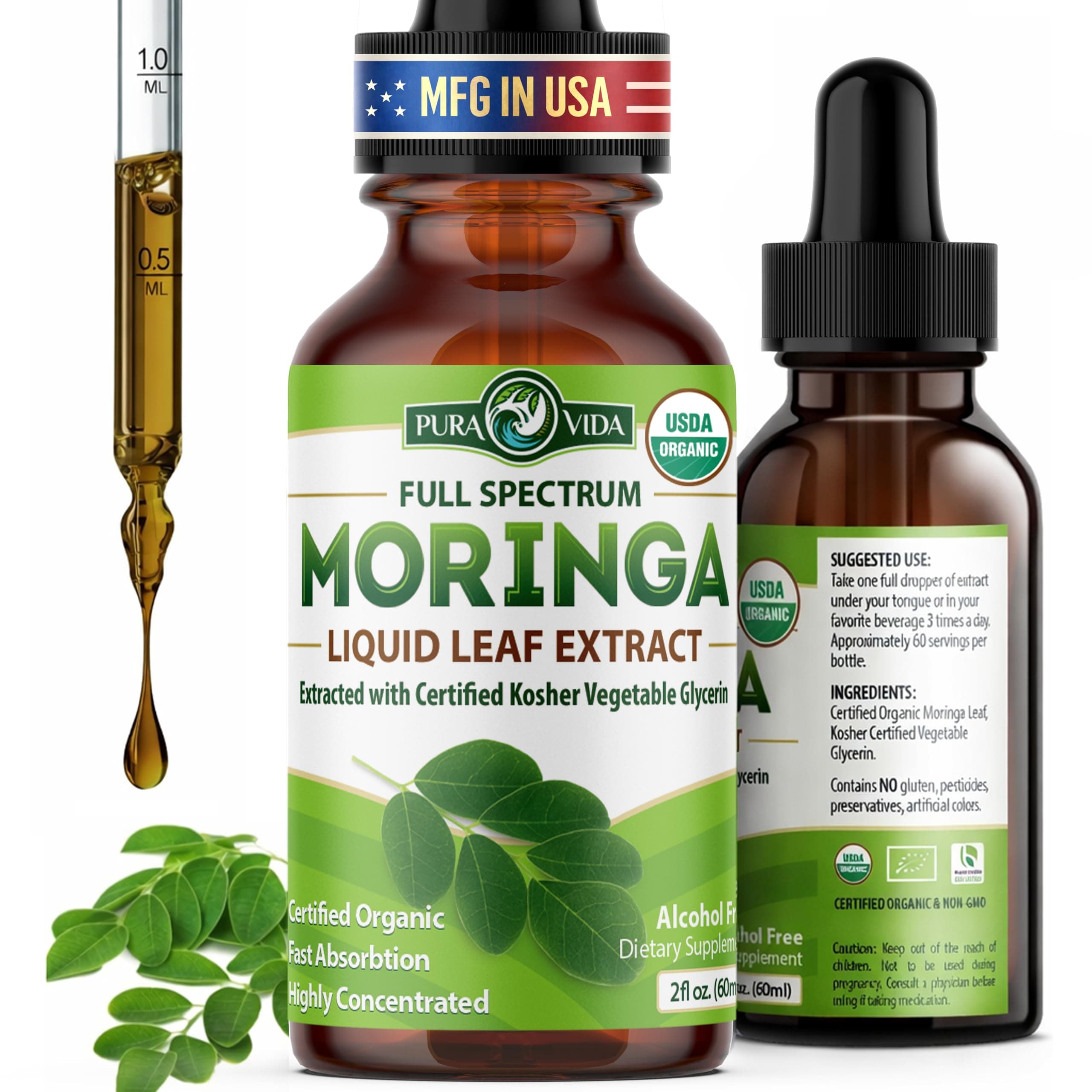 Leaf Extract Liquid Drops - USDA Organic Certified - Highly Purified, Bioavailable & Faster Absorption than Moringa Powder or Capsules - Single Origin Moringa Oleifera Leaves Extract