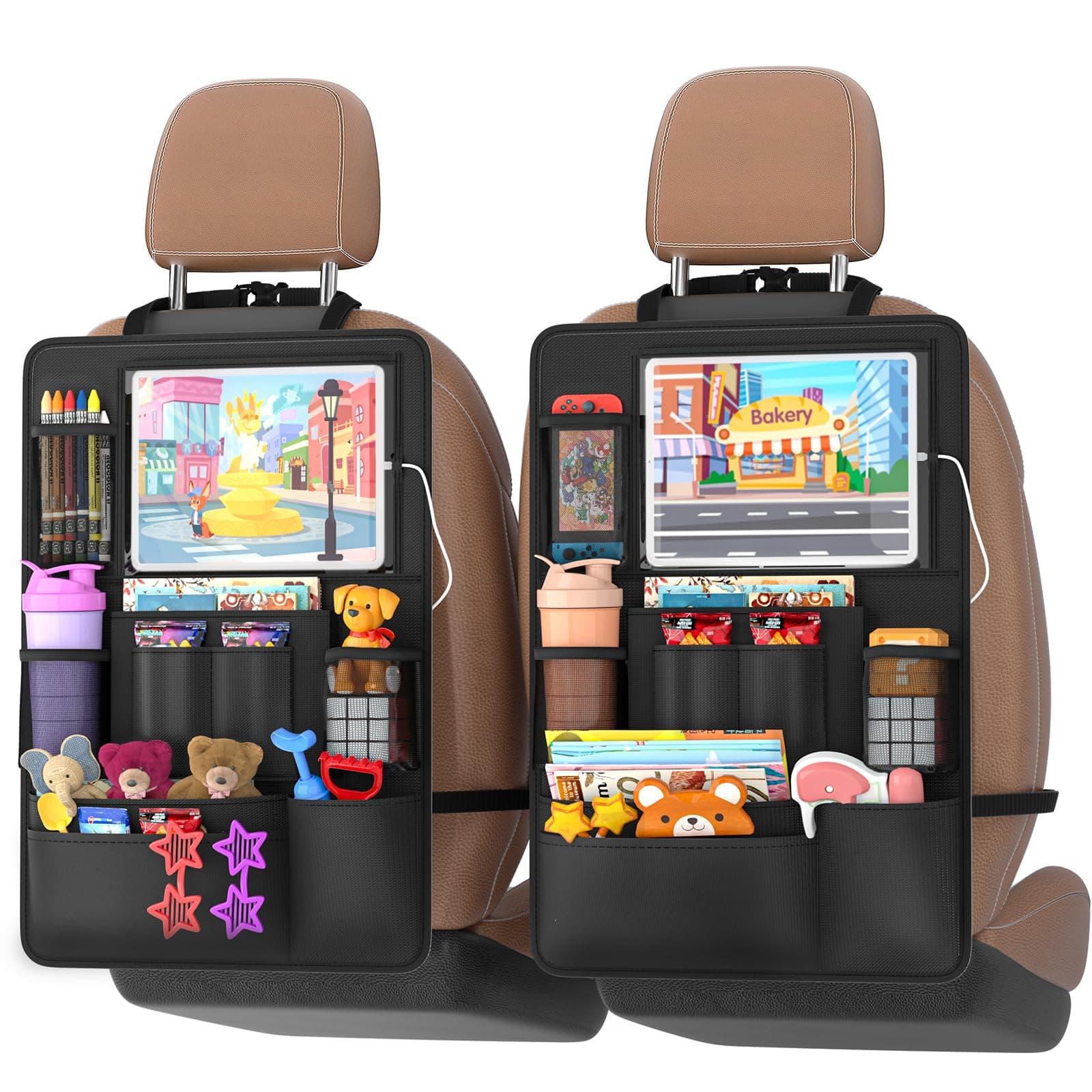 Backseat car Organizer with Touch Screen,2PACK of car organizer Kick Mats Back Seat Protector with 10pcs Storage Pockets,Car Seat Back Organizers Storage for Kids road trip essentials