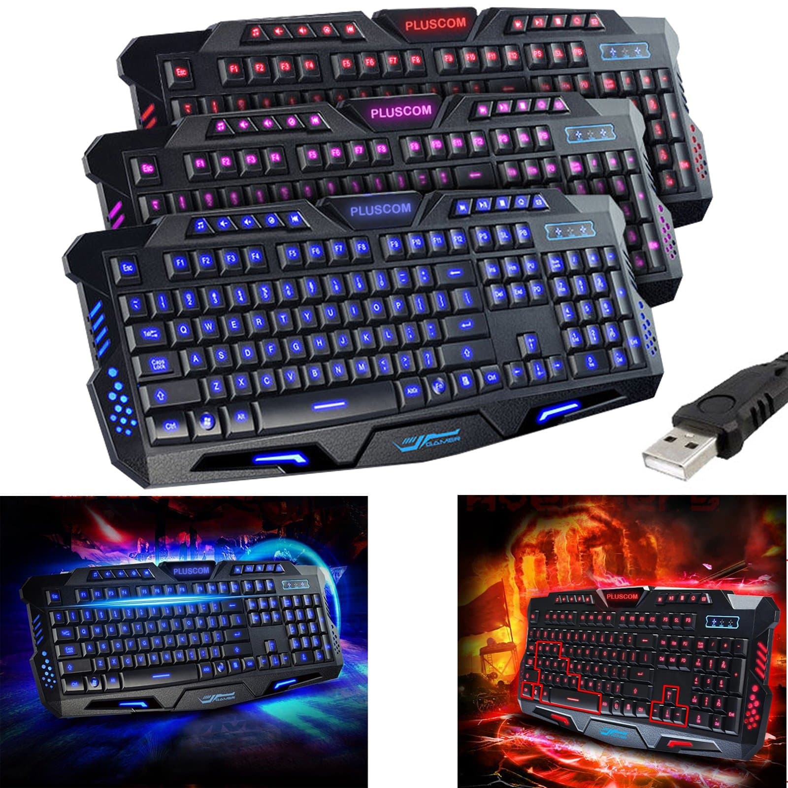 Safekom Led Backlit Backlight Illuminated USB Wired Multimedia Ergonomic Gaming Keyboard