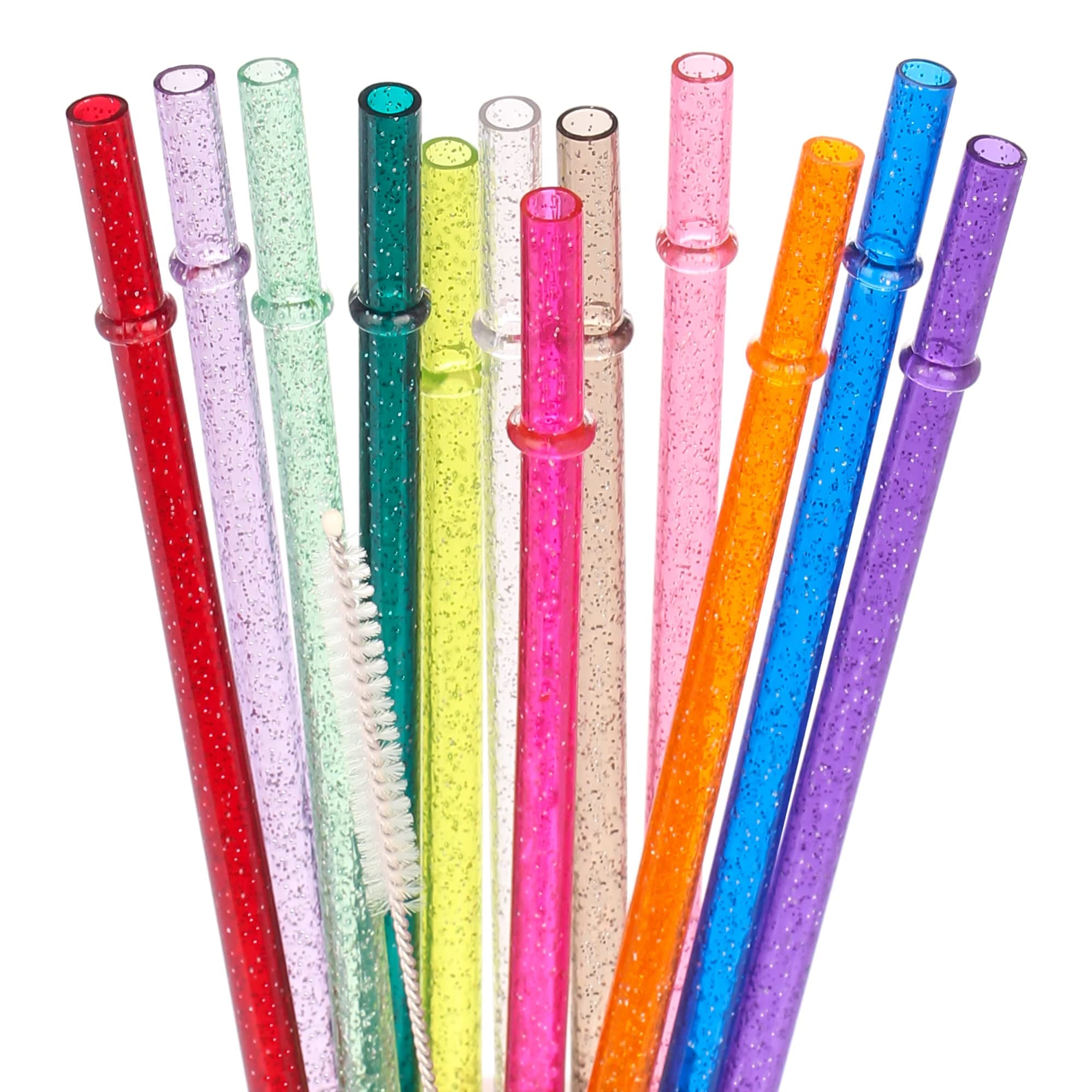 Dakoufish 11 Inch Reusable Tritan Plastic Straws, Replacement Glitter Sparkle Drinking Straws for 24 oz-40 oz Mason Jars/Tumblers,Dishwasher safe,Set of 12 with Cleaning Brush(12color,11inch)