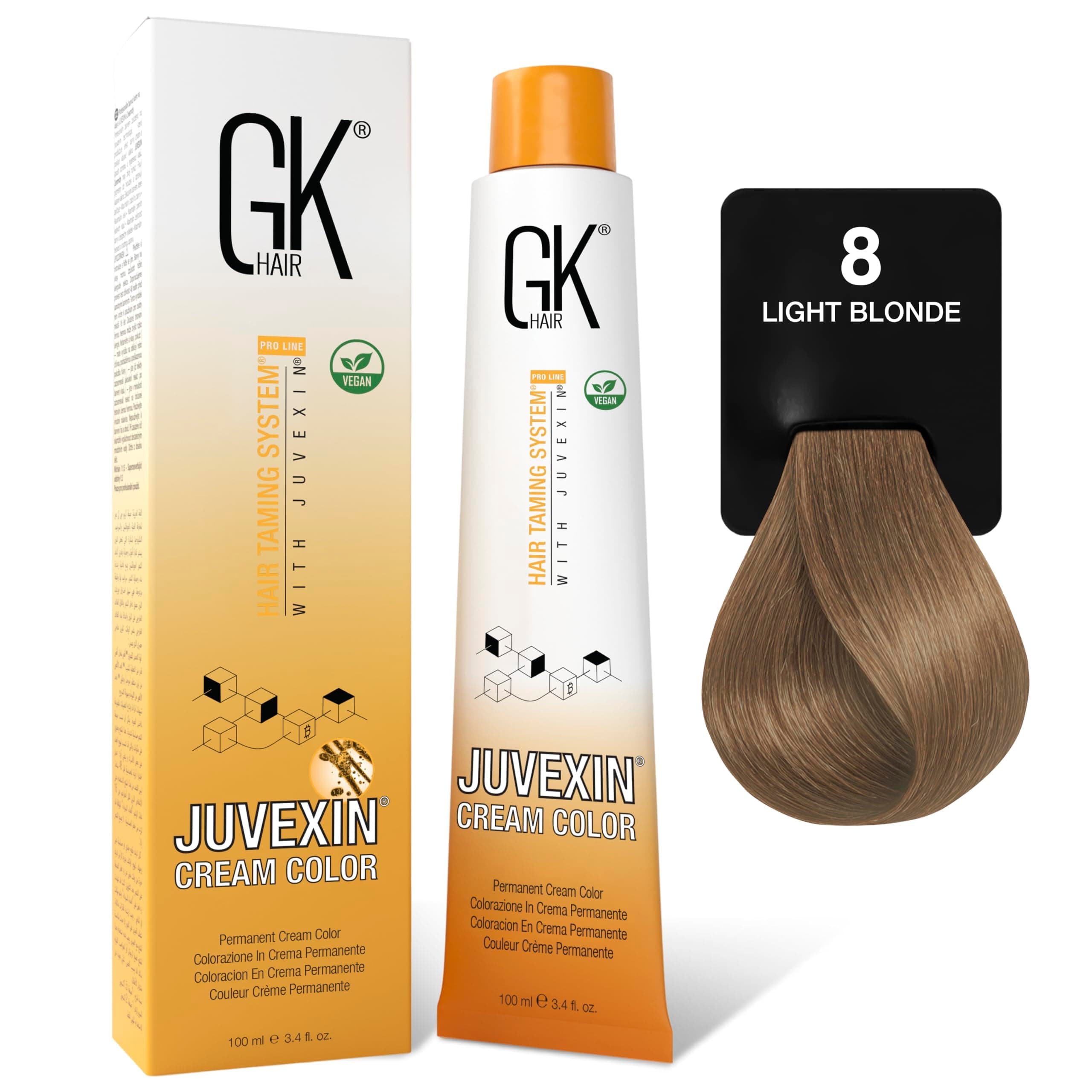 GK HAIR Color Cream 8.0 Natural Light Blonde – 100% Grey Coverage | Semi, Demi or Permanent Results | 8–10 Vol Semi | 20-30-40 Vol Permanent – Salon Quality Hair Dye – For Women & Men 3.4 Oz