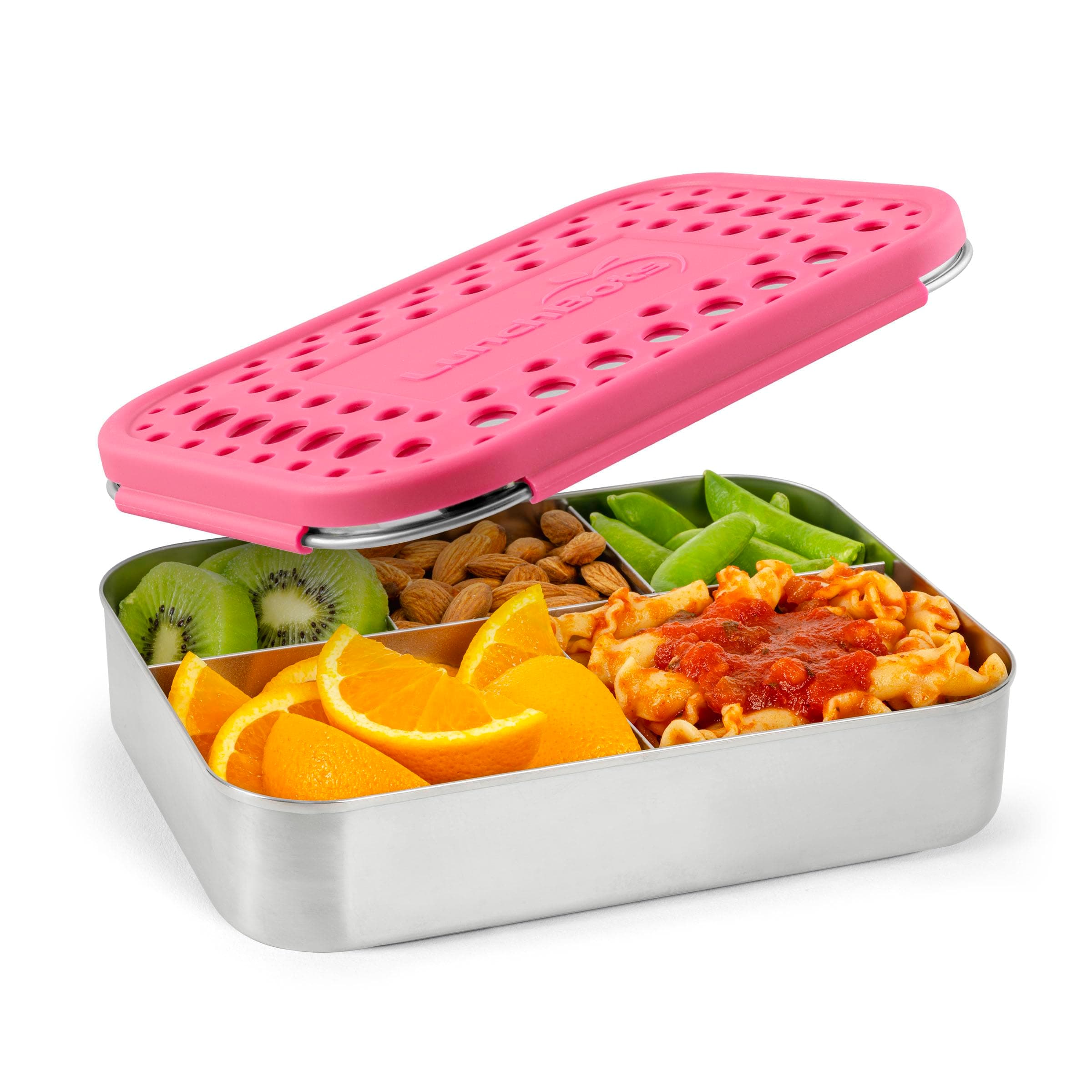 LunchBots Large Cinco Stainless Steel Lunch Container - Five Section Design Holds a Variety of Foods - Metal Bento Box - Dishwasher Safe - Stainless Lid -Pink Dots