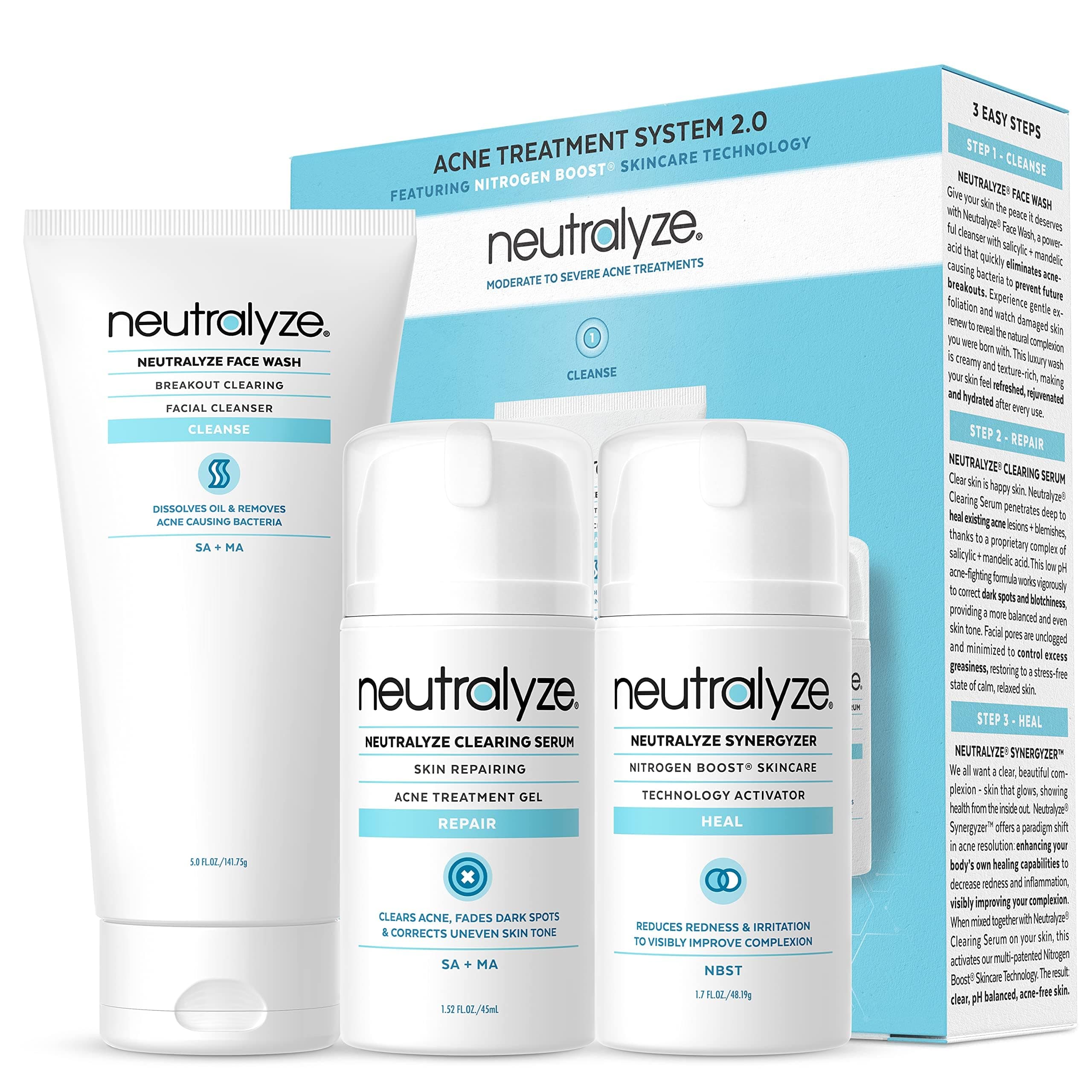 Neutralyze Moderate to Severe Acne Treatment Kit 2.0 - Maximum Strength 3 Step Acne Kit with 2% Salicylic Acid, 2% Mandelic Acid & Nitric Oxide - Includes Face Wash, Clearing Serum & Synergyzer