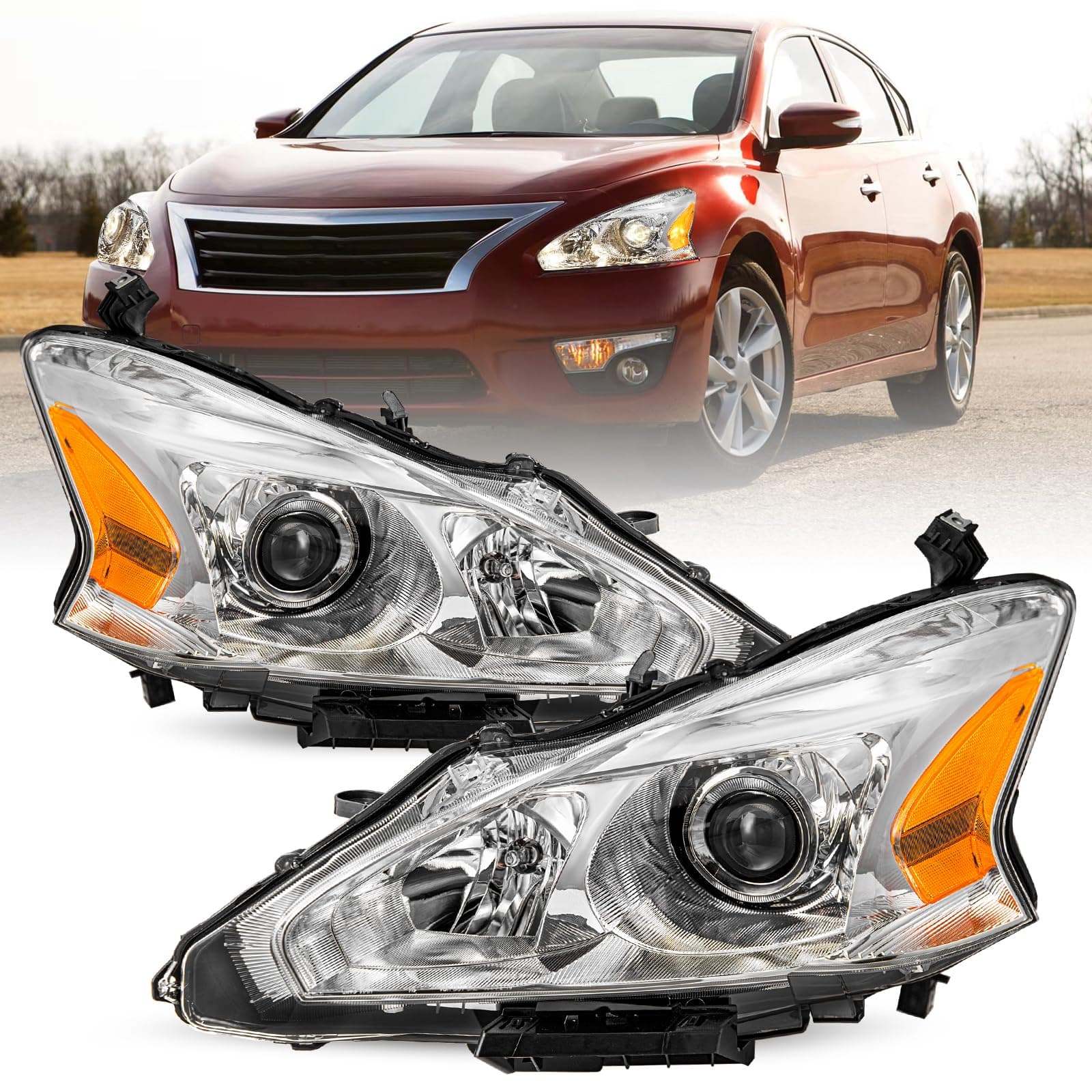 Headlight Assembly Compatible with 2013 2014 2015 Nissan Altima 4-Door Sedan Halogen Replacement 13 14 15 Altima 4Dr Headlamps Chrome Housing Amber Reflector Driver & Passenger Side