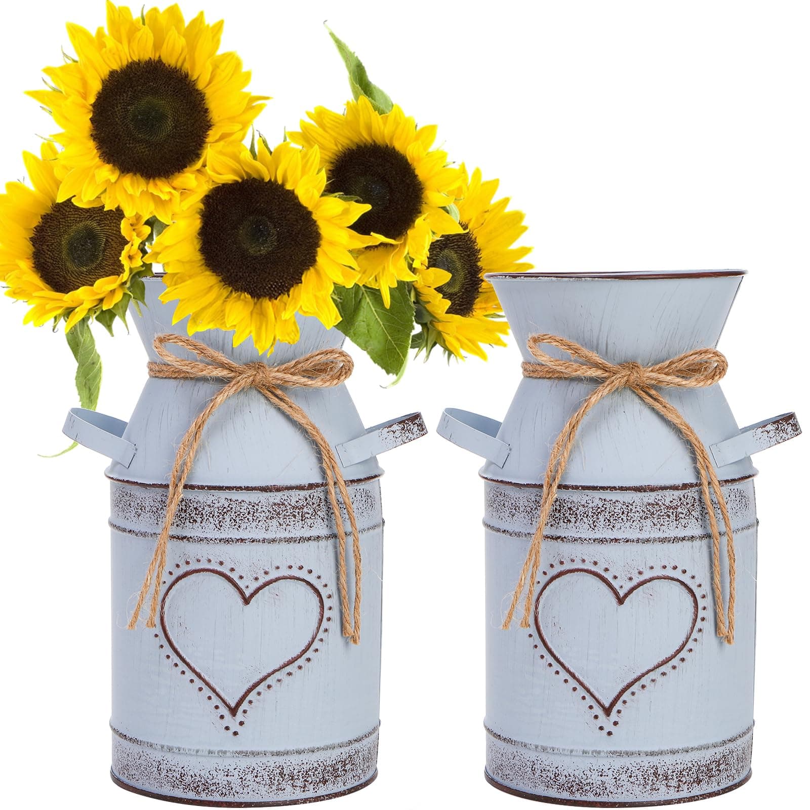 2 PCS Metal Milk Can Jug, 7.5" Rustic Flowers Vases, Vintage Galvanized Farmhouse Bucket, French Shabby Chic Decor for Dried Floral Arrangements, Home, Christmas, Wedding Table Centerpiece