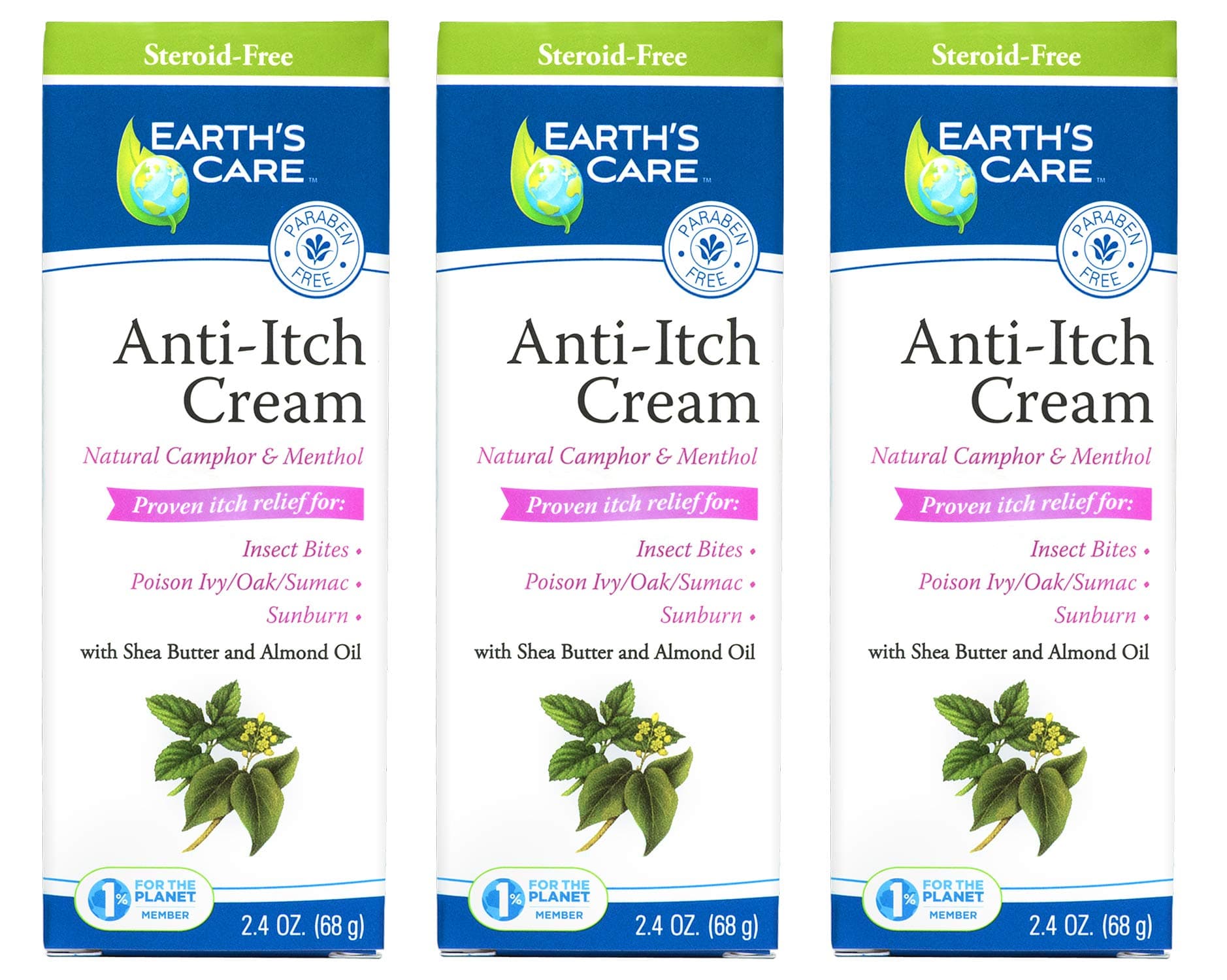 Earth's Care Anti Itch Cream - Extra Strength Bug Bite Itch Relief - Soothes Sunburns, Rashes and Minor Skin Irritation 2.4 OZ (3 Tubes)