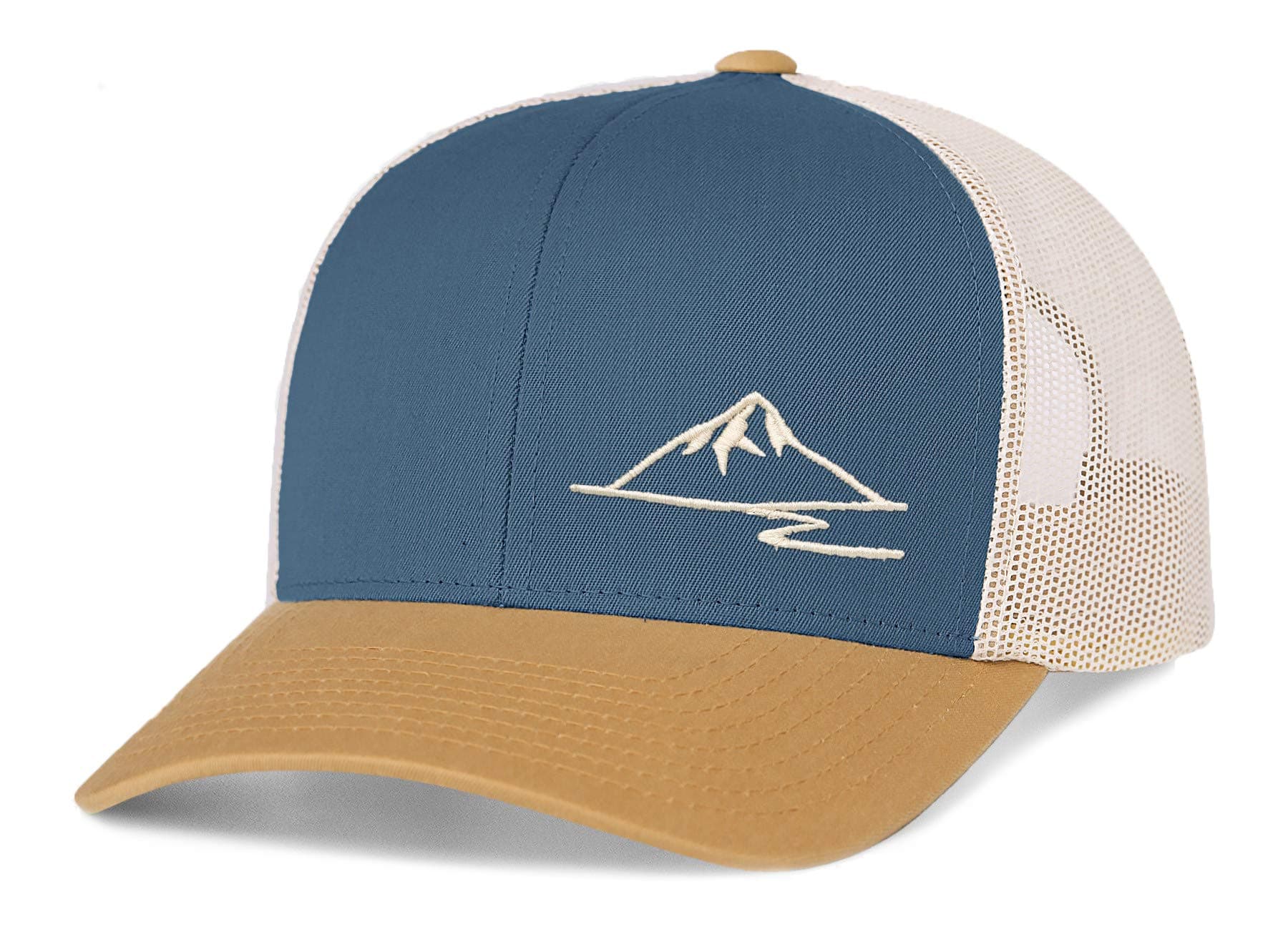 Low Key Caps | Trucker Snapback Baseball Hat - Mountain, Ocean Blue/Amber Gold/Beige, One Size