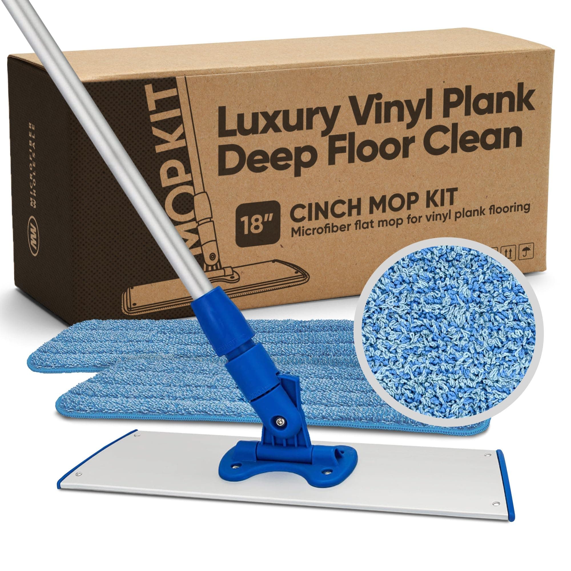 Microfiber Wholesale 18” Luxury Vinyl Plank Floor Mop | Deep Clean Without Damaging | Recommended by LVP Manufacturers | Heavy Duty Lightweight | Reusable Microfiber Mop Pads