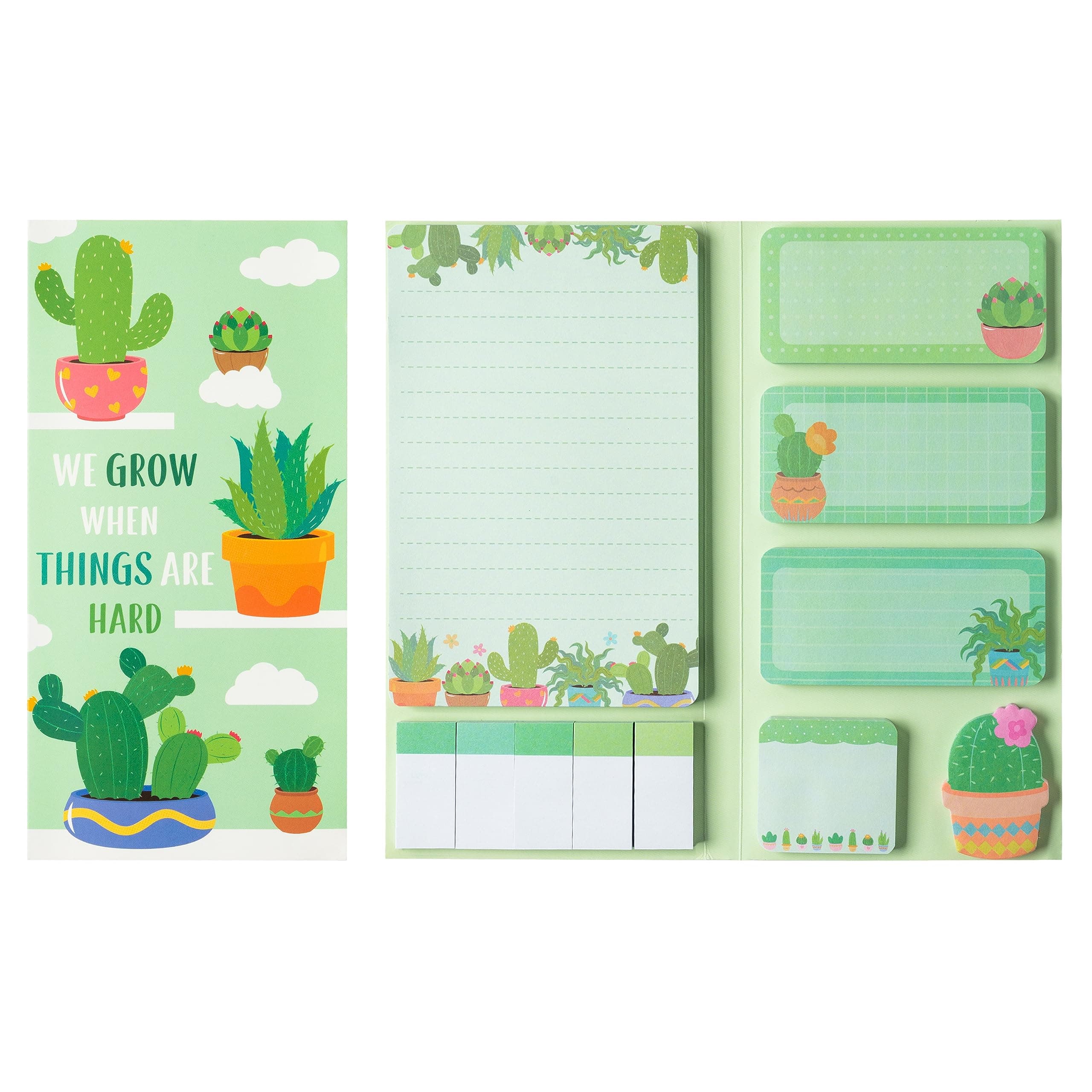 Xqumoi We Grow When Things are Hard Sticky Notes Set, 550 Sheets, Cute Cactus Shaped Self-Stick Notes Pads Plant Divider Tabs Bundle Writing Memo Pads Back to School Office Supplies Small Gift