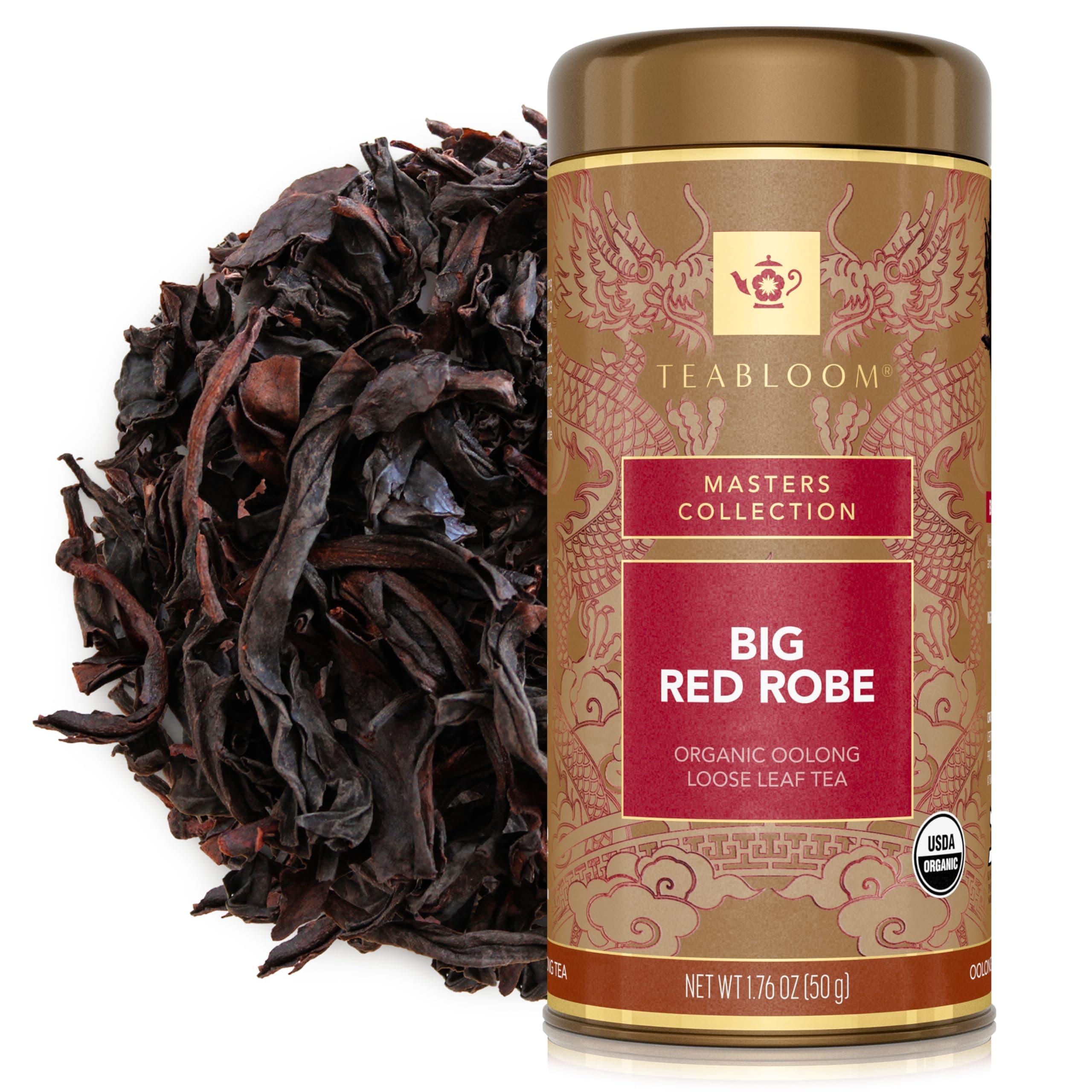 Teabloom USDA Organic Big Red Robe Oolong Loose Leaf Tea, Full-bodied Velvety Smooth Texture with Floral and Fruity Notes, 1.76 oz/50 g Canister Makes 35-50 Cups
