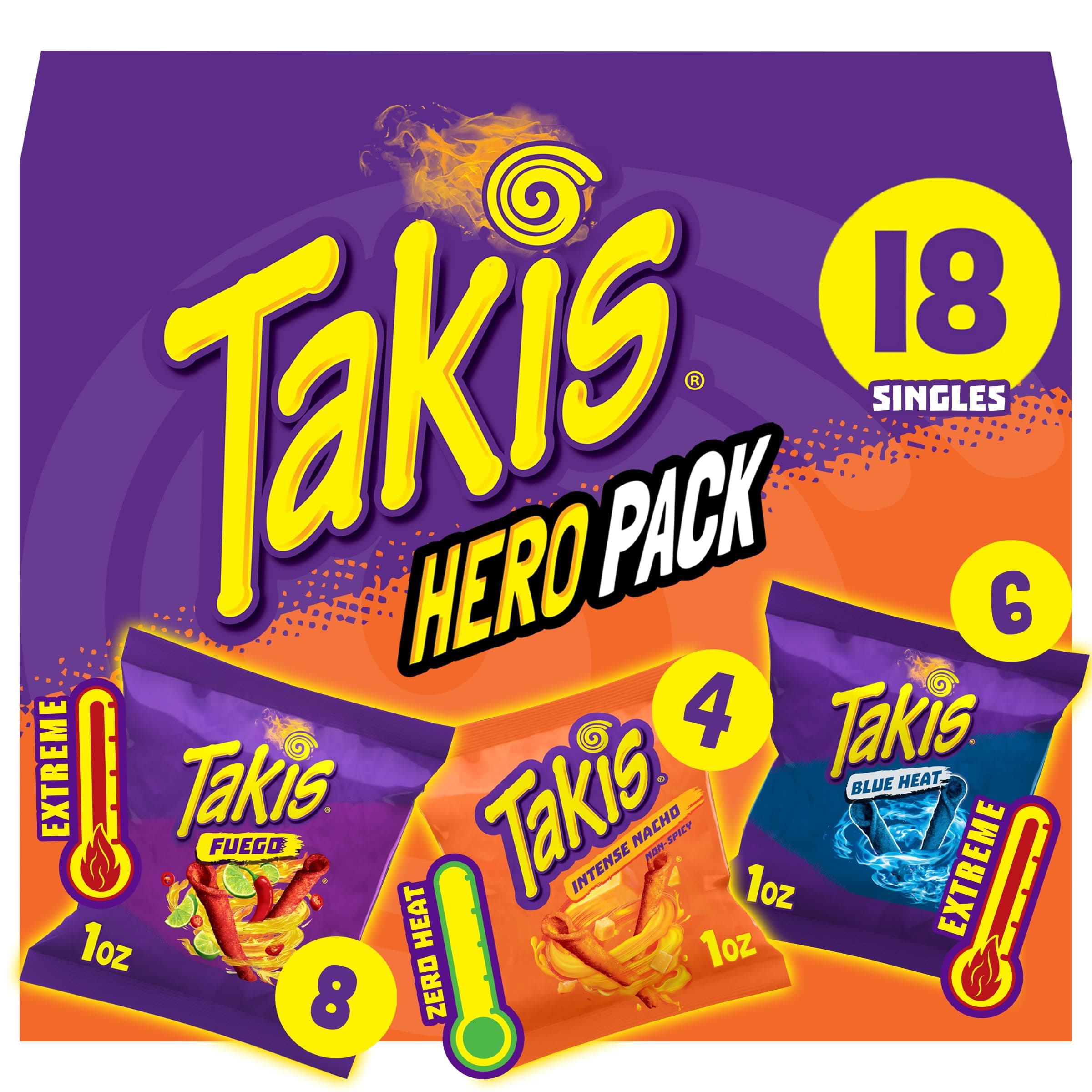 18 pc / 1 oz Hero Variety Pack, Assorted Flavored Mixed Rolled Tortilla Chips – (8) Fuego 1 oz, (6) Blue Heat 1 oz, (4) Intense Nacho 1 oz
