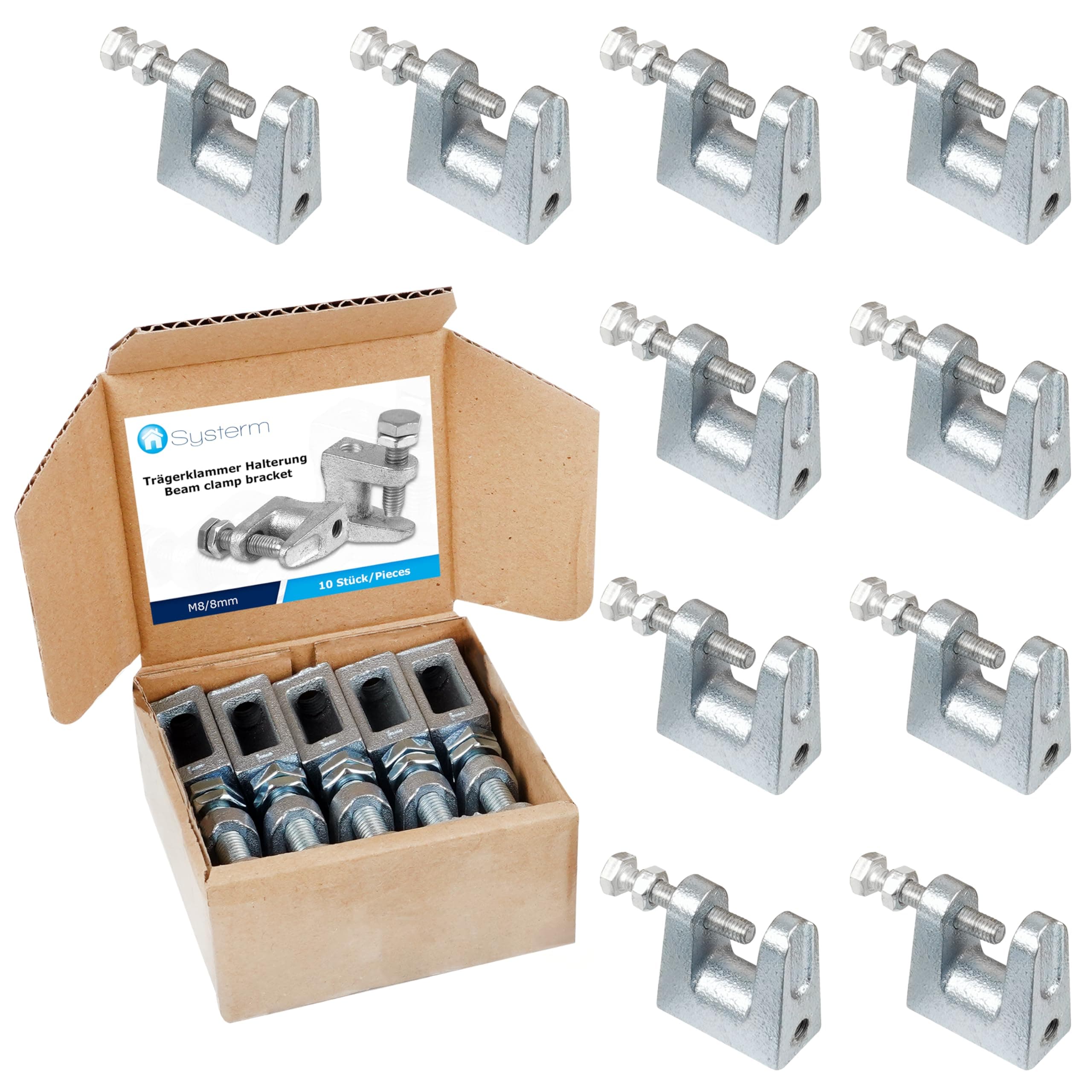 Beam Clamps Bracket. Galvanized Steel Bracket for Ventilation and Other Systems. M8 (8mm). Set of 10 Pieces.