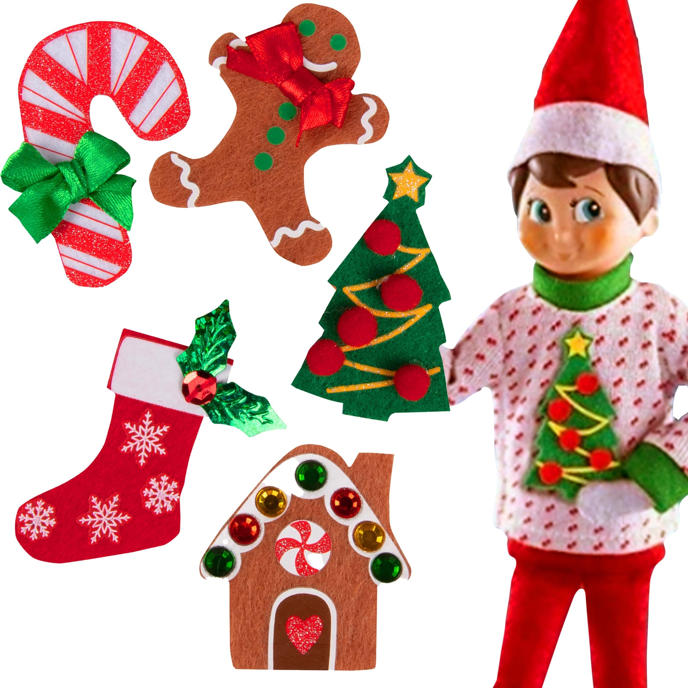Sweater Set - Elf Boy or Girl Accessory with 5 Different Removable Decals Change Your Elves Costume Daily, Have Fun with Your Holiday Home Ugly Sweater Party- Officially Licensed