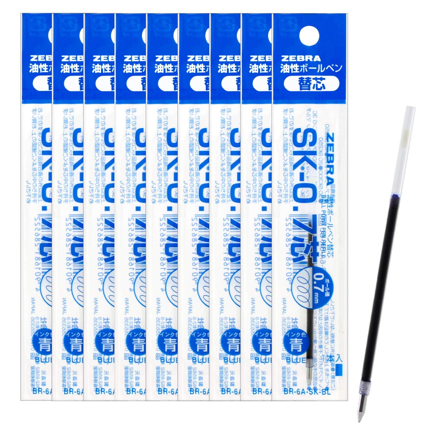 Zebra B-BR-6A-SK-BL Clip-on Oil-Based Ballpoint Pen Refill, SK-0.7 Core, Blue, 10 Pieces